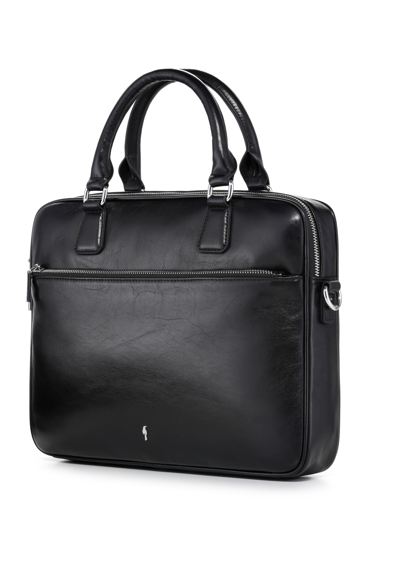 Black leather laptop bag TORES-1227-99(W26), diagonal product view on white background.