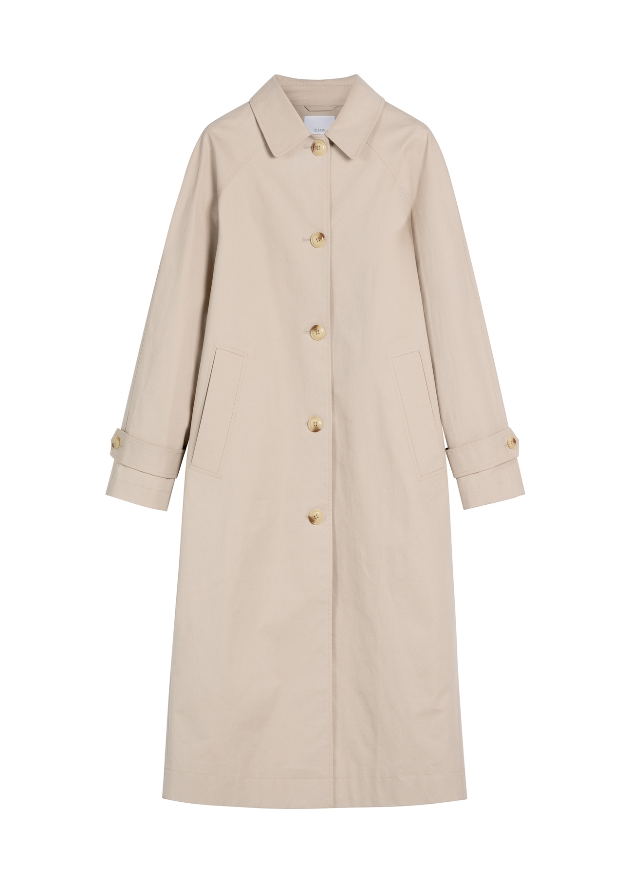 Long beige women's coat KURDT-0692-1J(Z26), product view from the front on a white background.