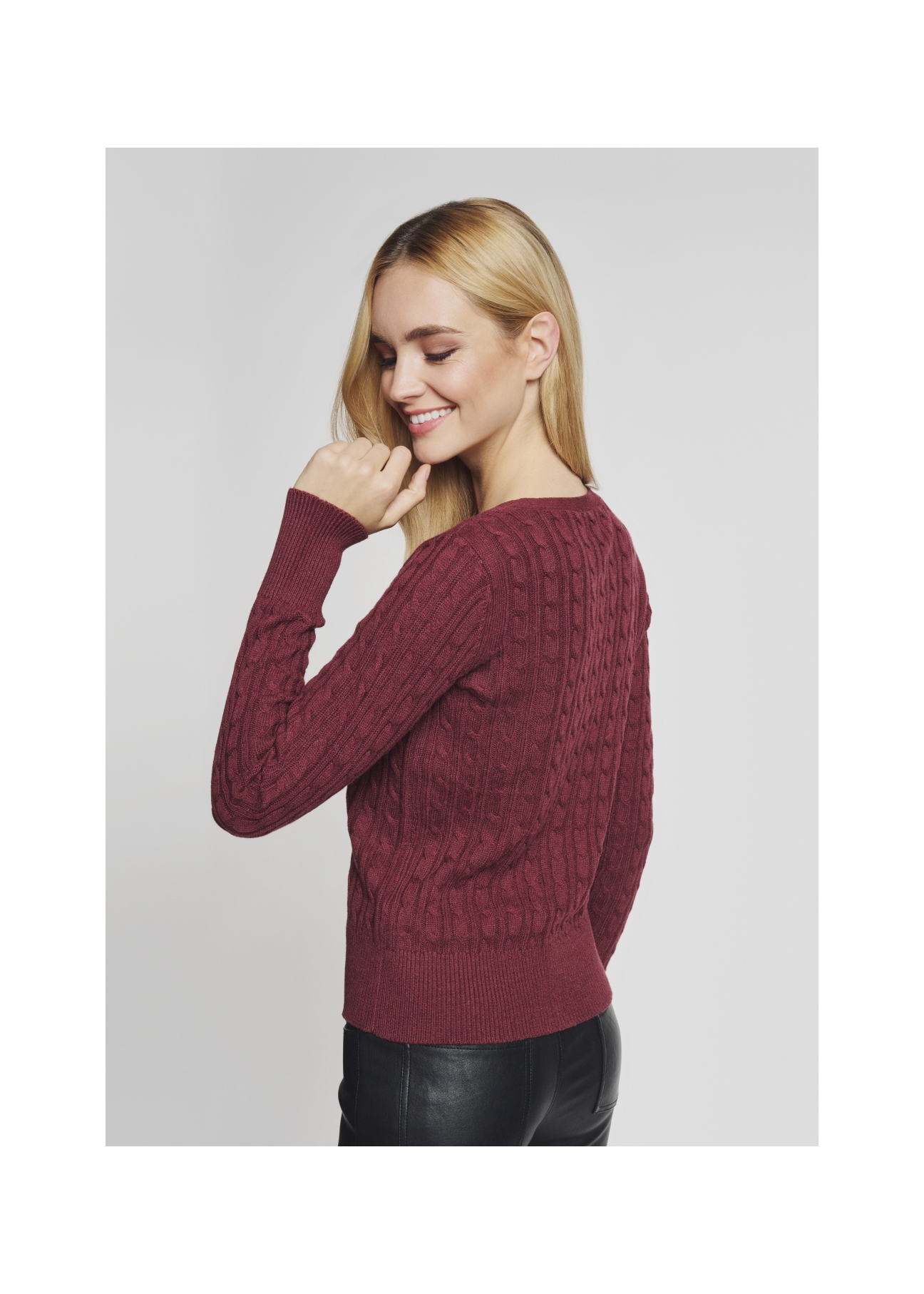 Women's maroon V-neck sweater SWEDT-0148-49(Z21)-03