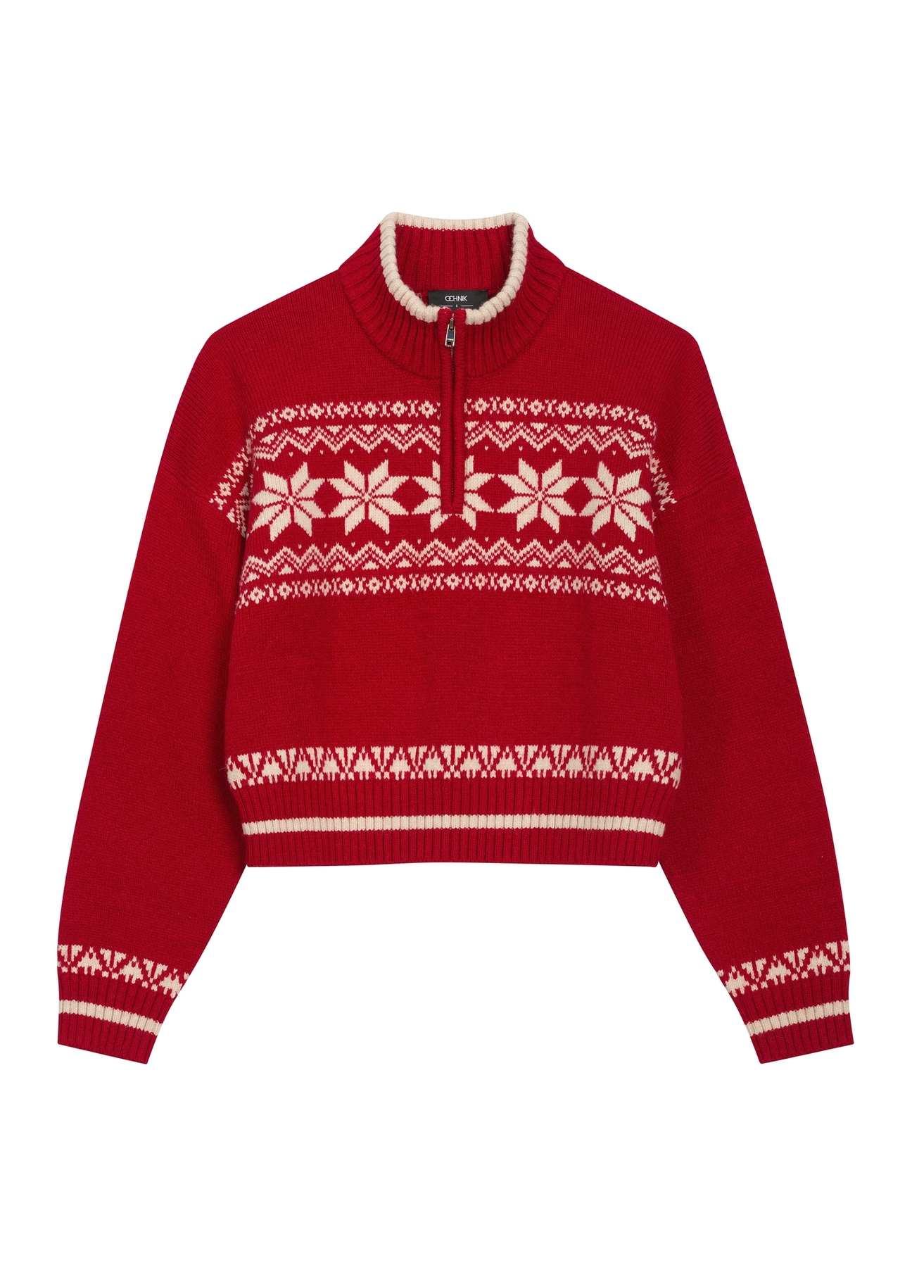 Red women's sweater with Norwegian pattern SWEDT-0273-4B(Z26), front product view on white background.