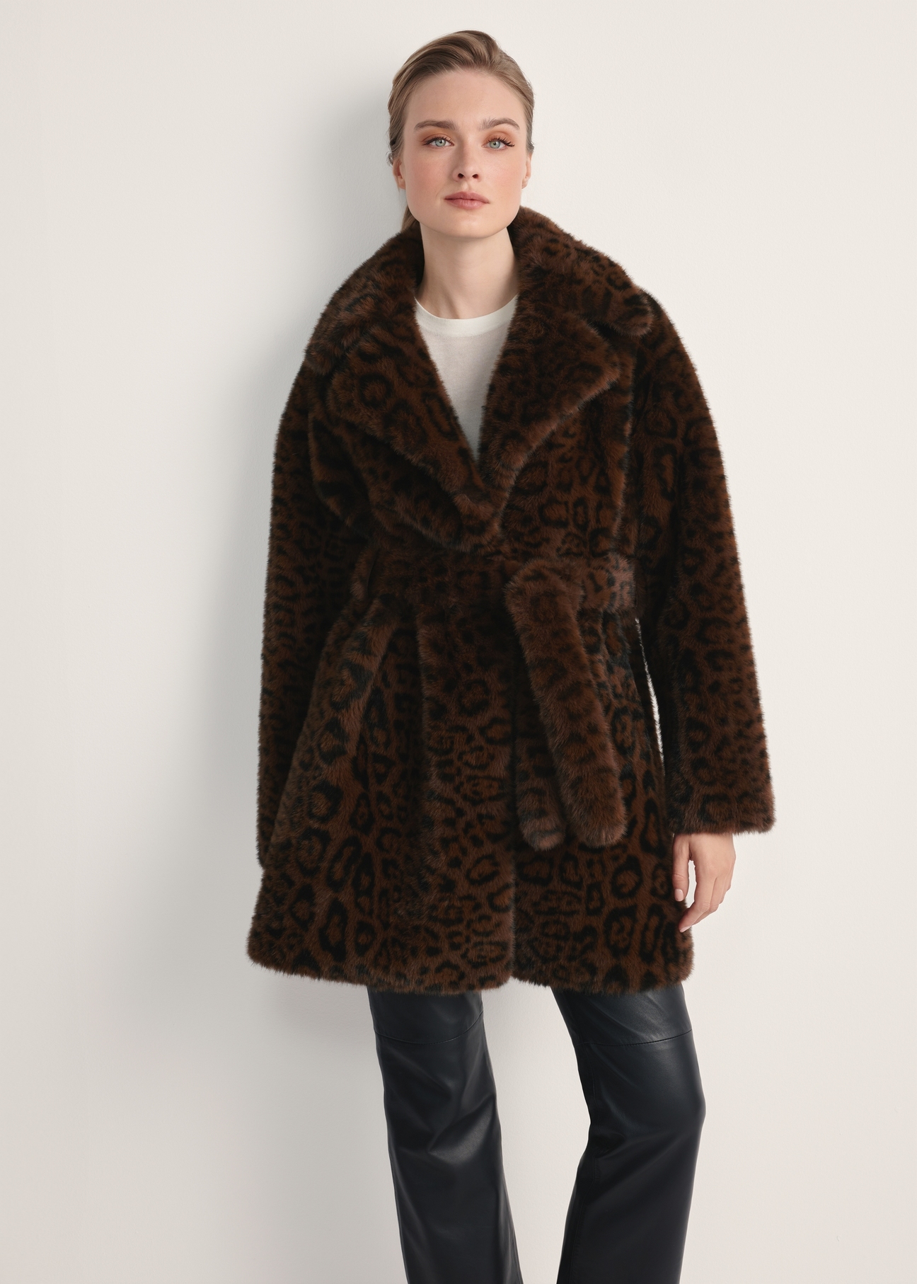 Women's brown leopard print fur coat FUTDP-0074-89(Z25) - front view of the product on a model, against a white background. Knee-length silhouette visible.