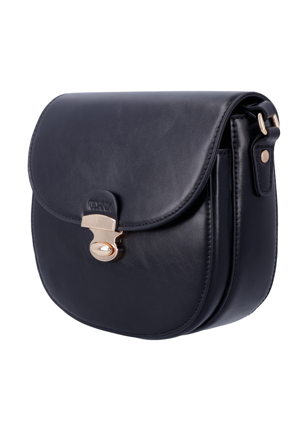 Small semi-circular black women's messenger bag TOREC-1390-99(Z26), diagonal product view on a white background.