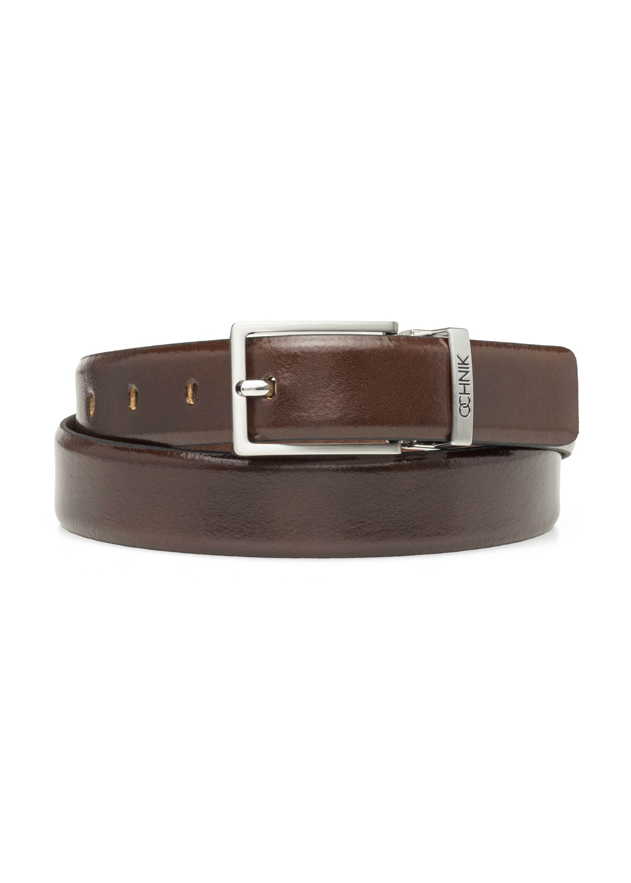 Men's brown leather belt PASMS-0263-1I(W26), front product view on white background.