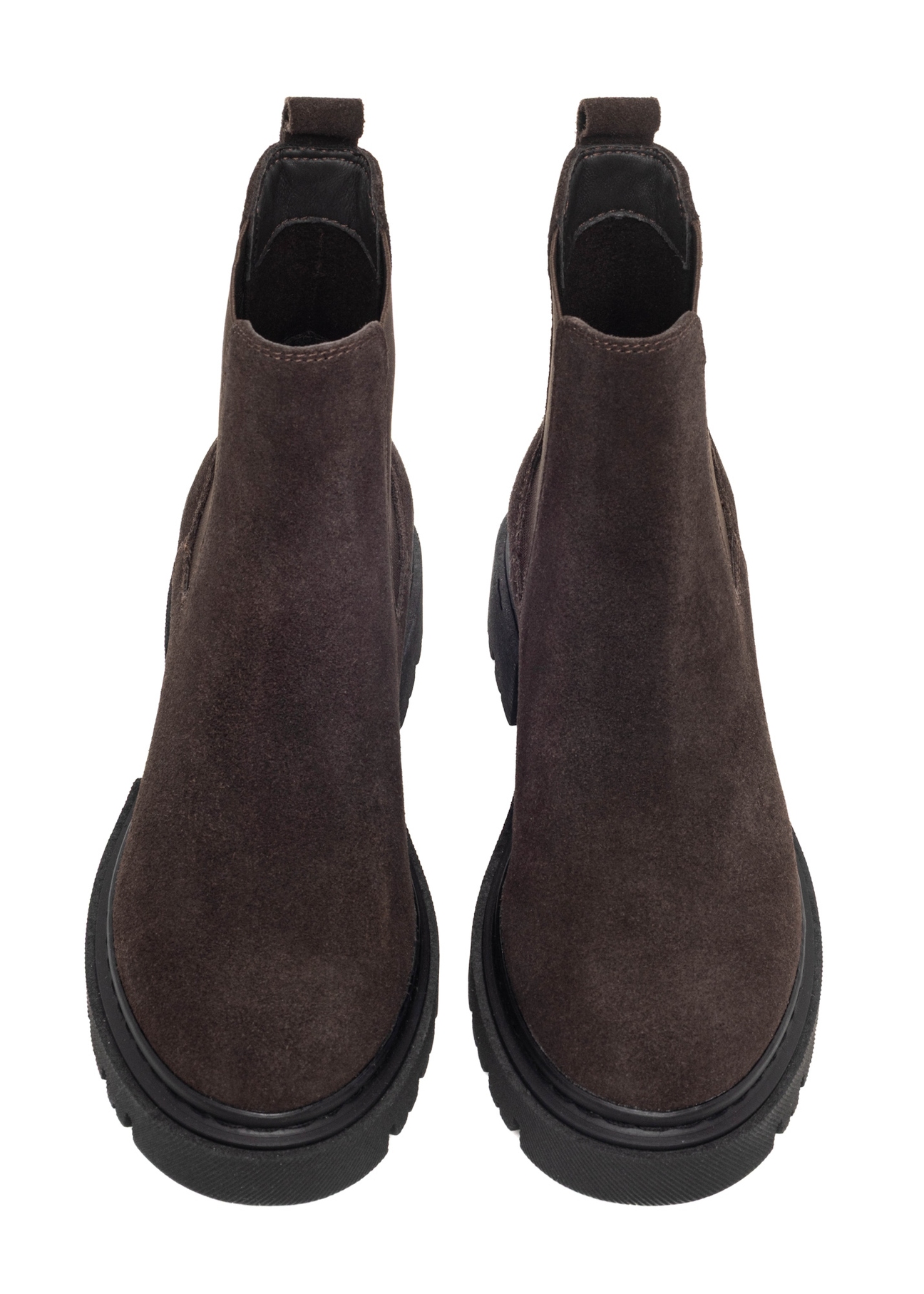 Dark brown suede women's Chelsea boots BUTYD-1093-1I(Z26), front product view on white background.