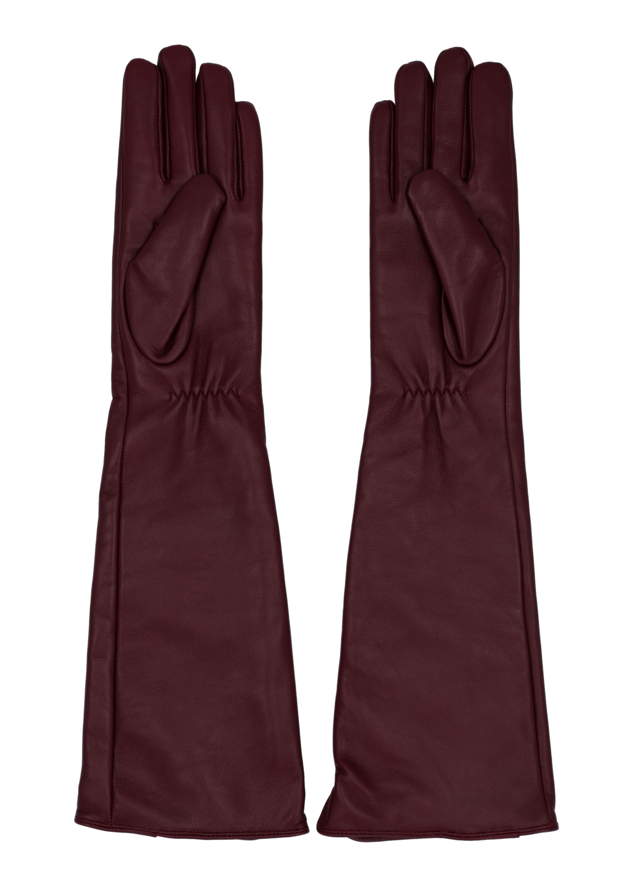 Long leather burgundy women's gloves REKDS-0088-4D(Z26), product view from the back on a white background.