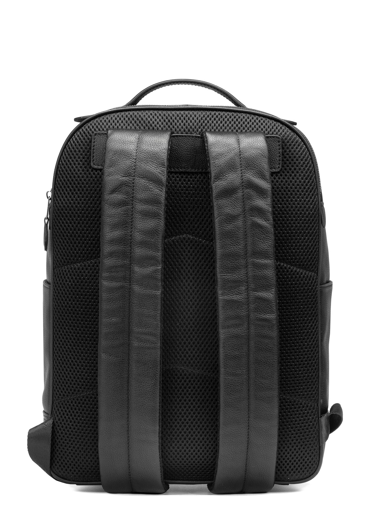 Men's black leather backpack PLCMS-0018R-9I(W26), product view from the back on a white background.