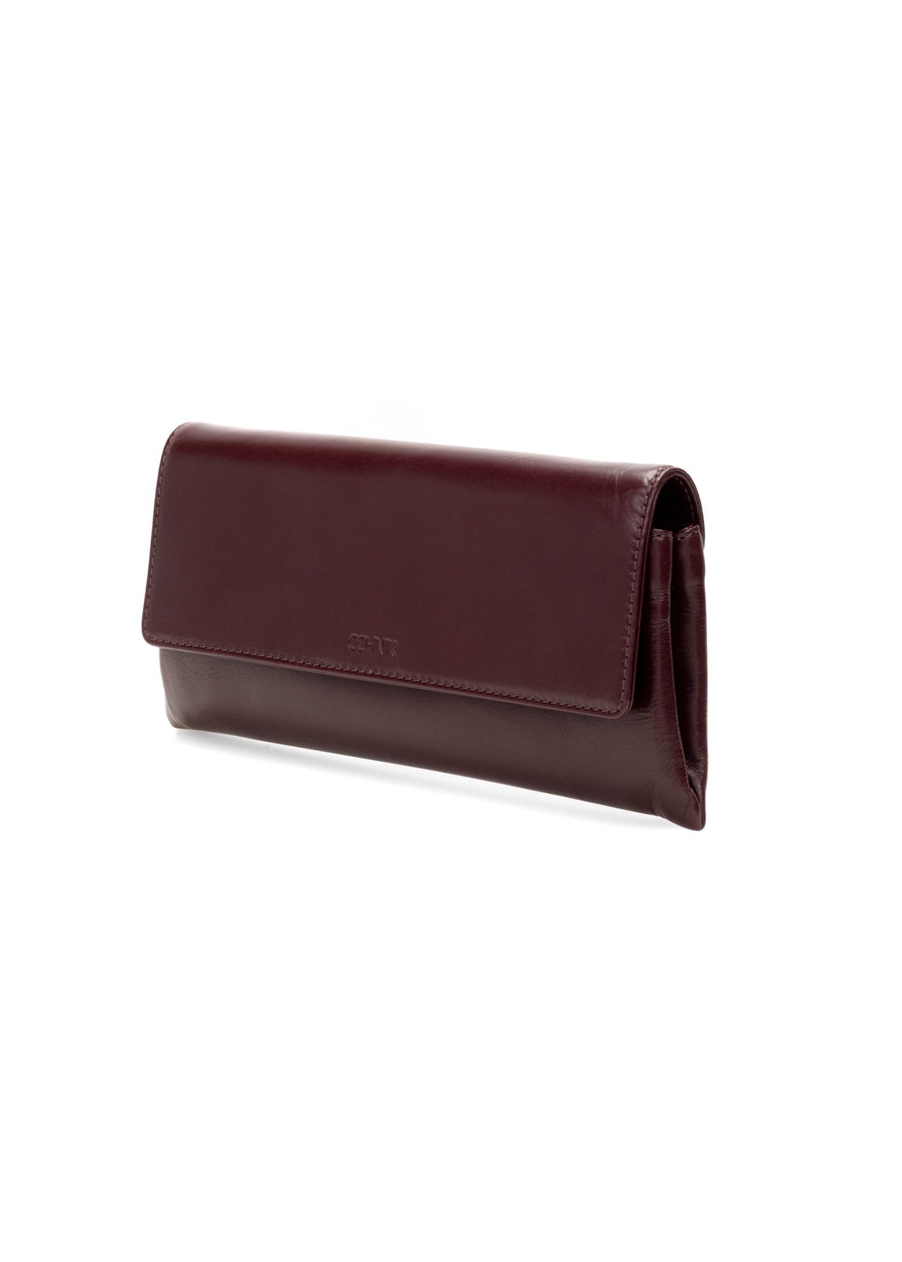 Burgundy small leather clutch bag TORES-1188-49(Z25), diagonal product view on white background.