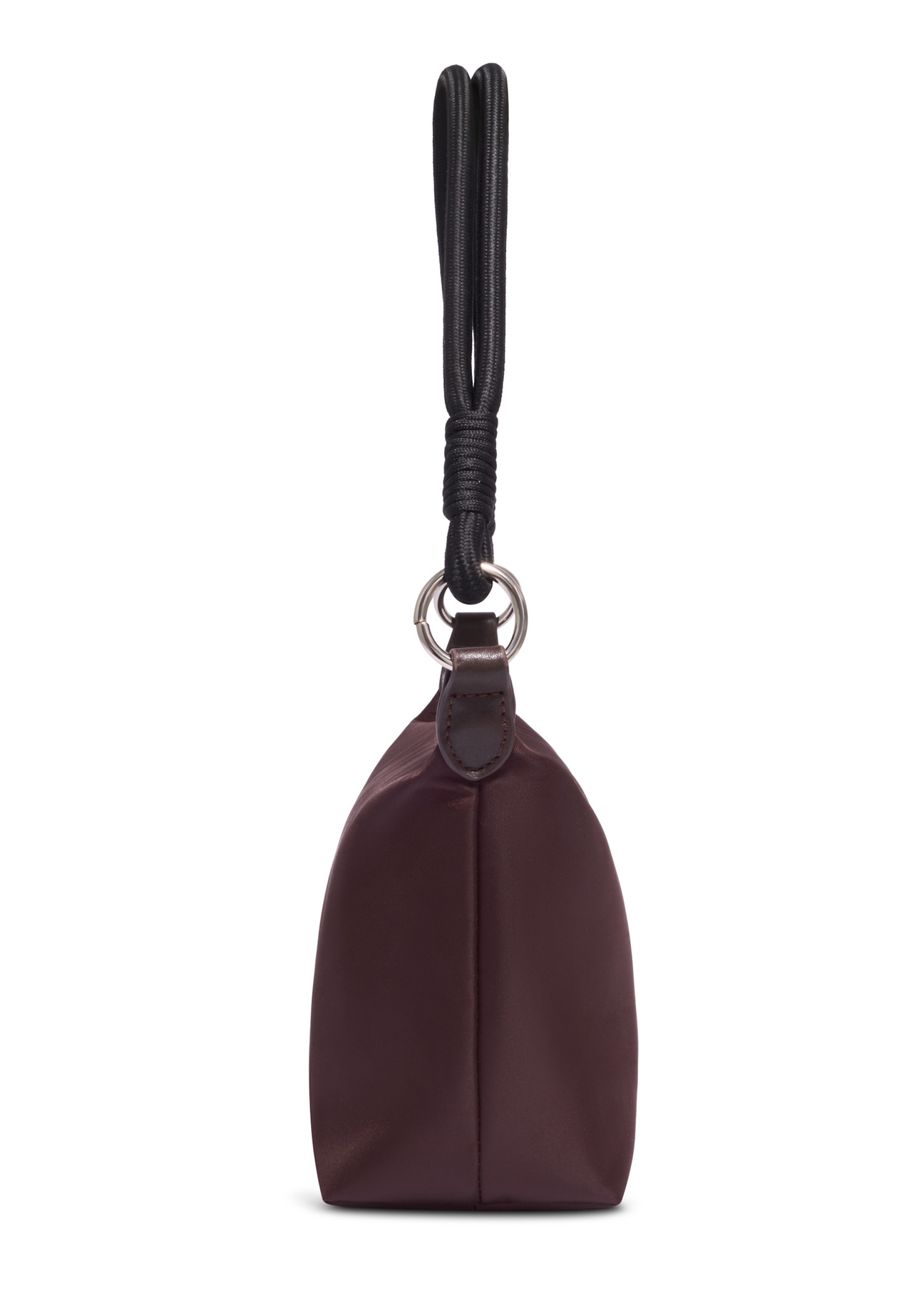 Dark brown fabric women's handbag TOREN-0355-1I(Z26), side view of the product on a white background.