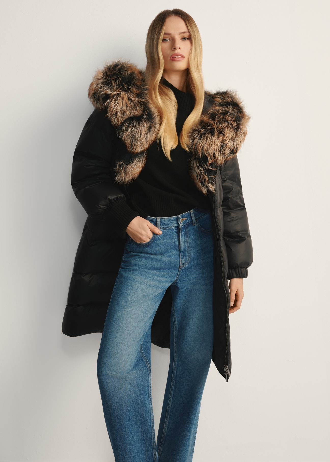 Black women's jacket with natural insulation KURDT-0623-99(Z25)