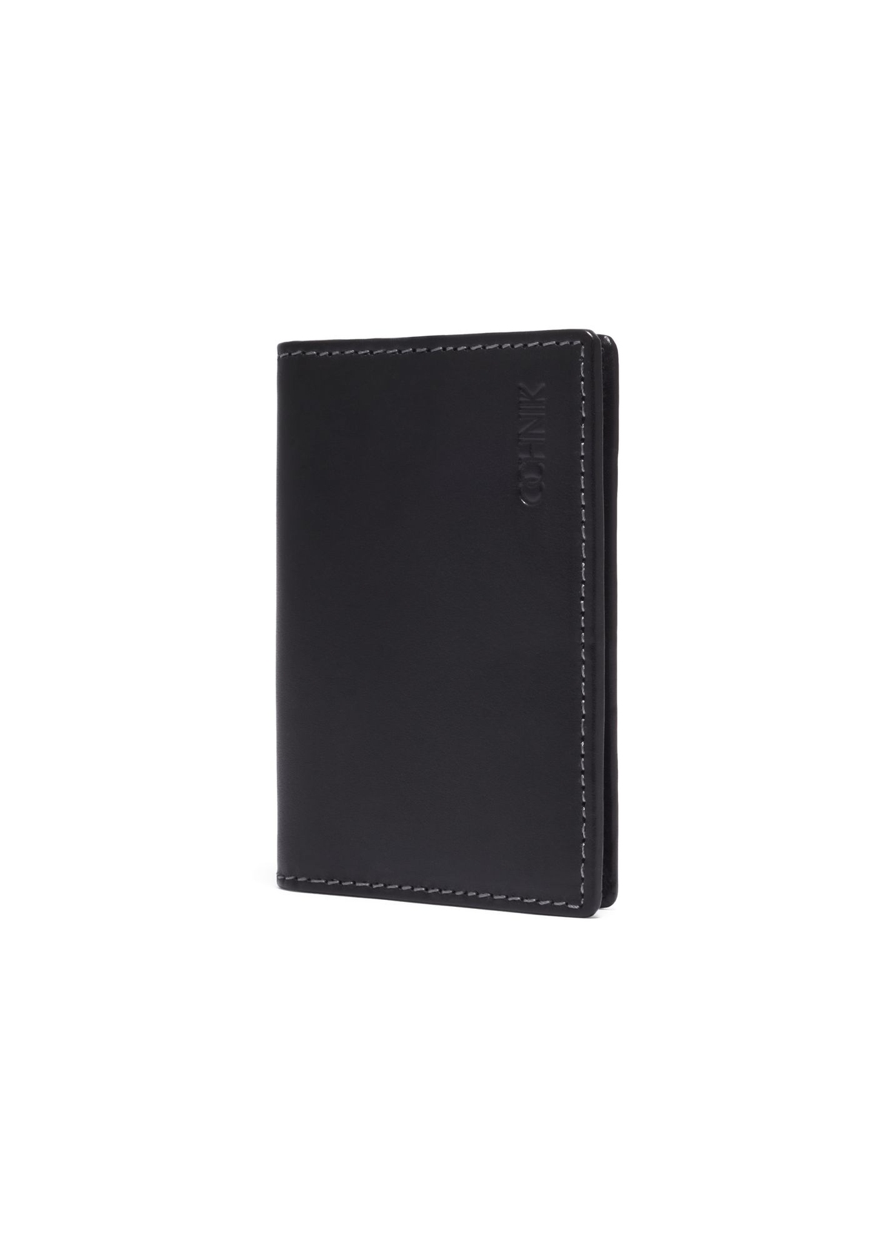 Black leather card case PORMS-0703-99(Z26) - diagonal view, on white background.