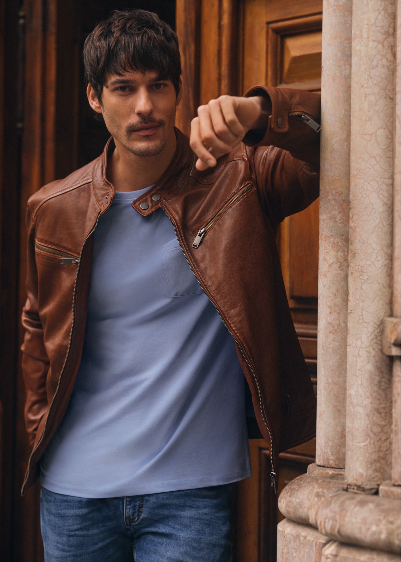 Light brown men's leather jacket KURMS-0326-1G(W26)