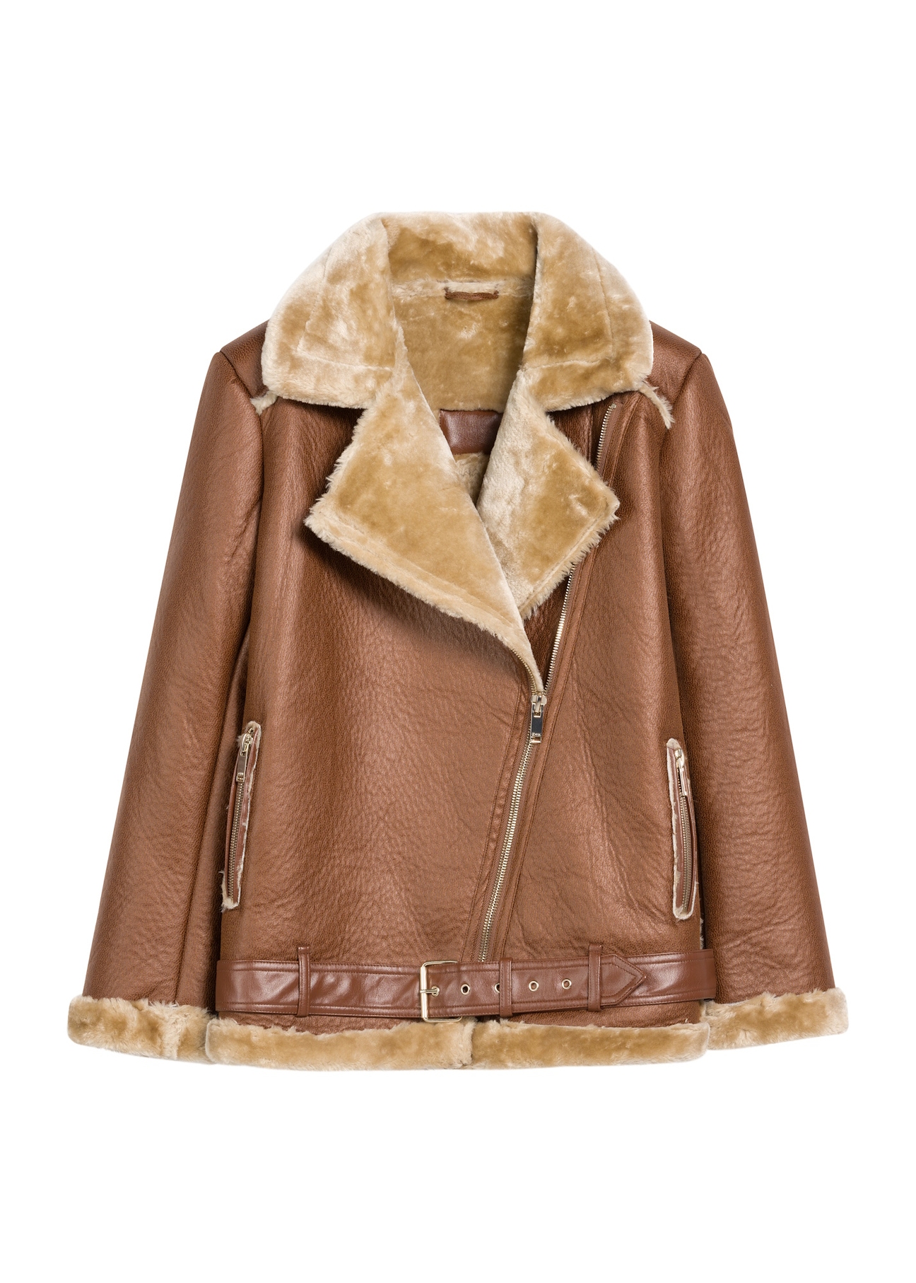 Brown short women's sheepskin coat KOZDP-0001A-89(Z25) - front product view on white background.