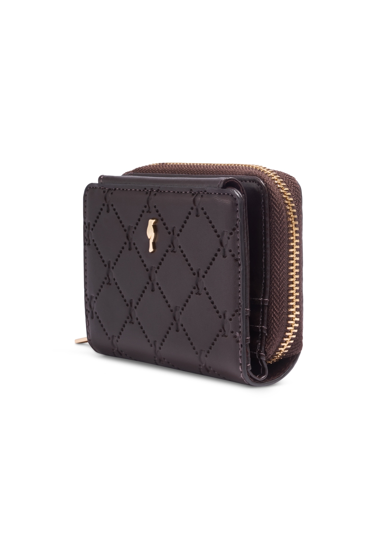 Small brown women's wallet with monogram POREC-0349A-1I(Z26), diagonal product view on white background.