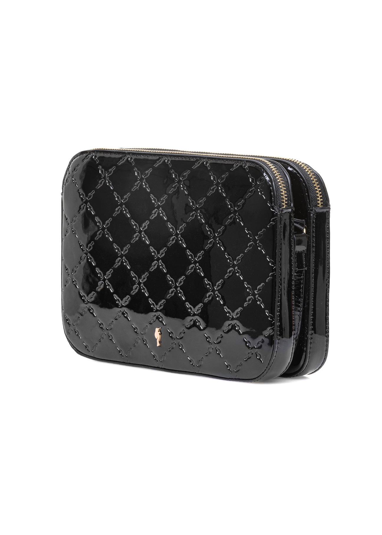 Black patent leather women's messenger bag TOREC-0205F-97(Z25), diagonal product view on white background.