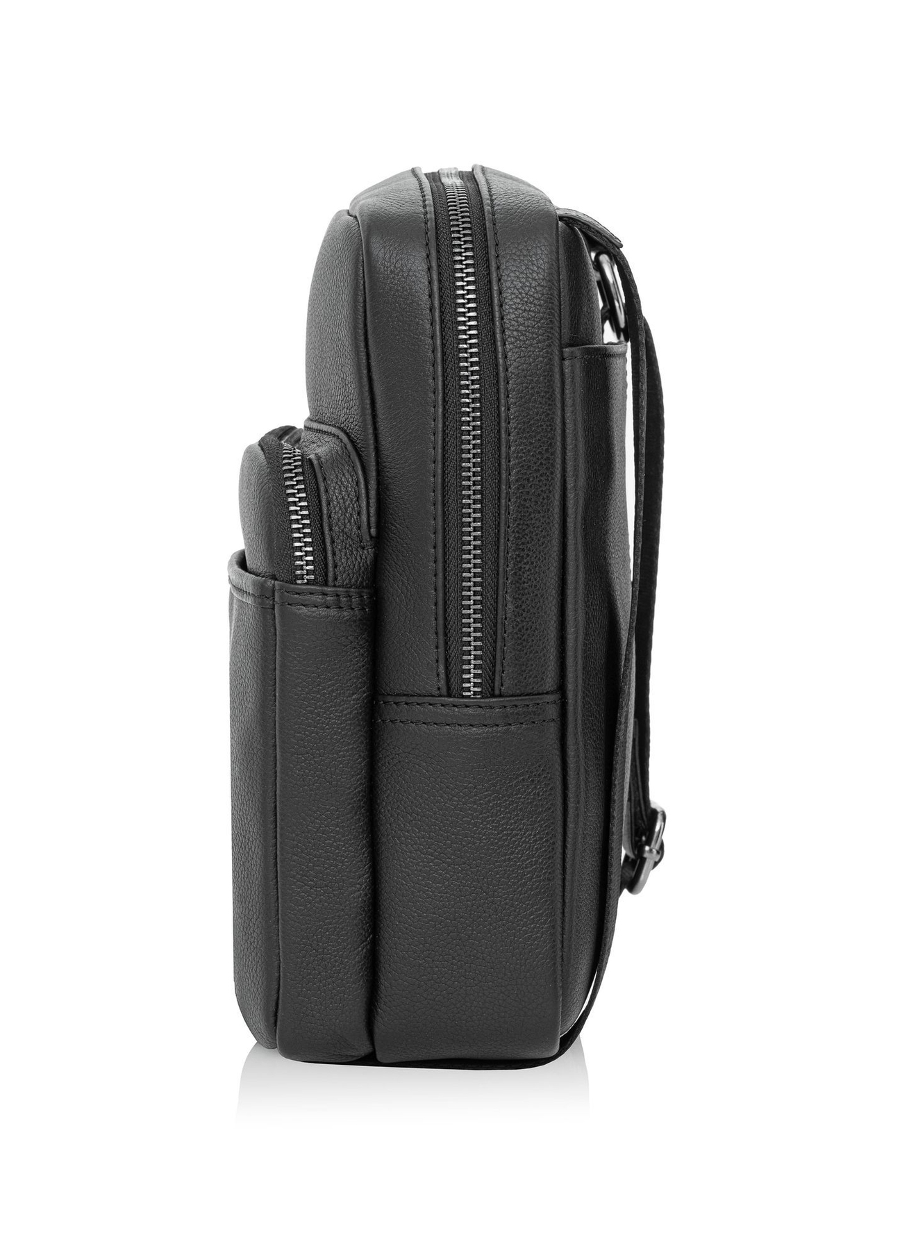 Men's leather black zipper bag TORMS-0016R-9I(W26), side product view on white background.