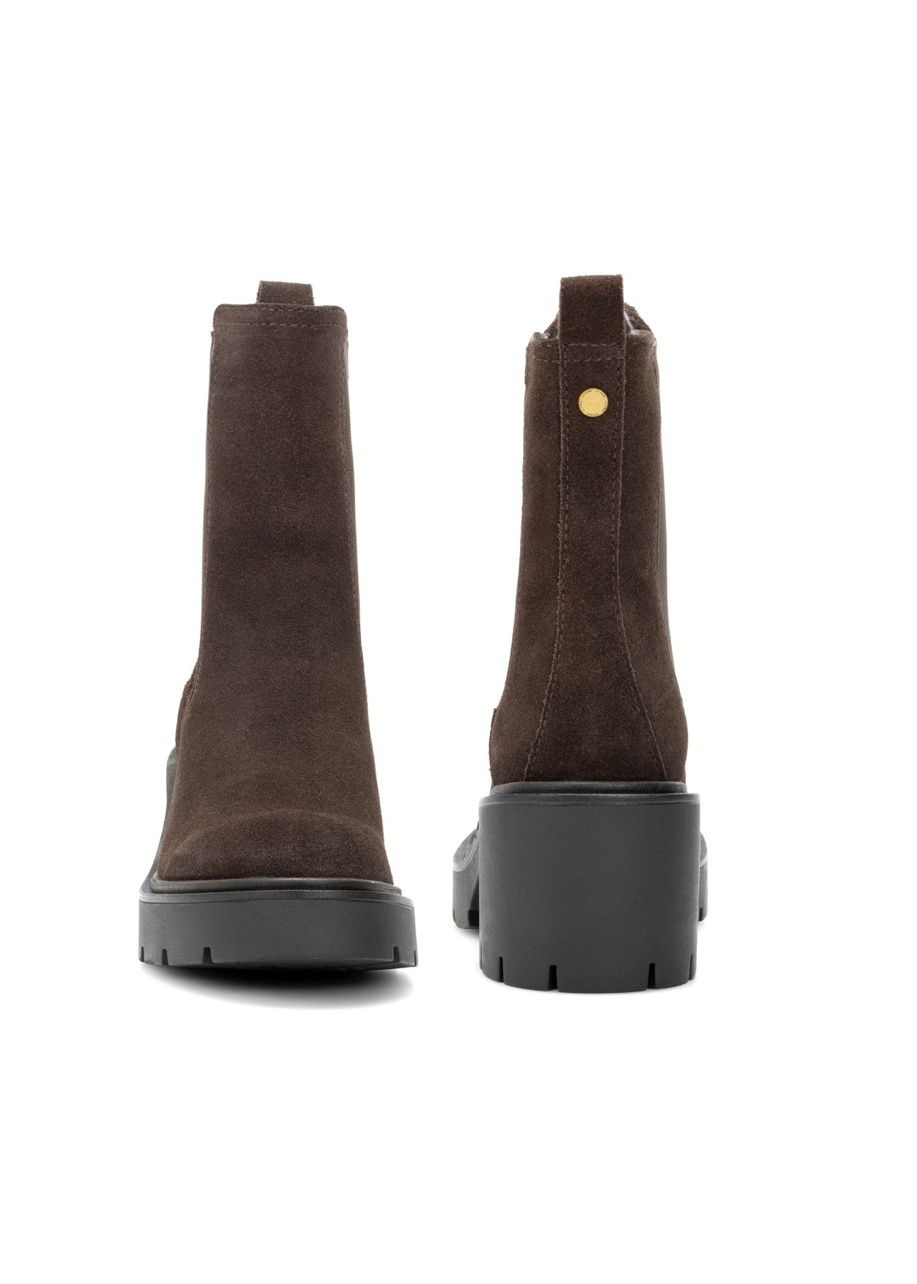 Dark brown suede women's high heel ankle boots BUTYD-1094-1I(Z26), front and back product view on white background.