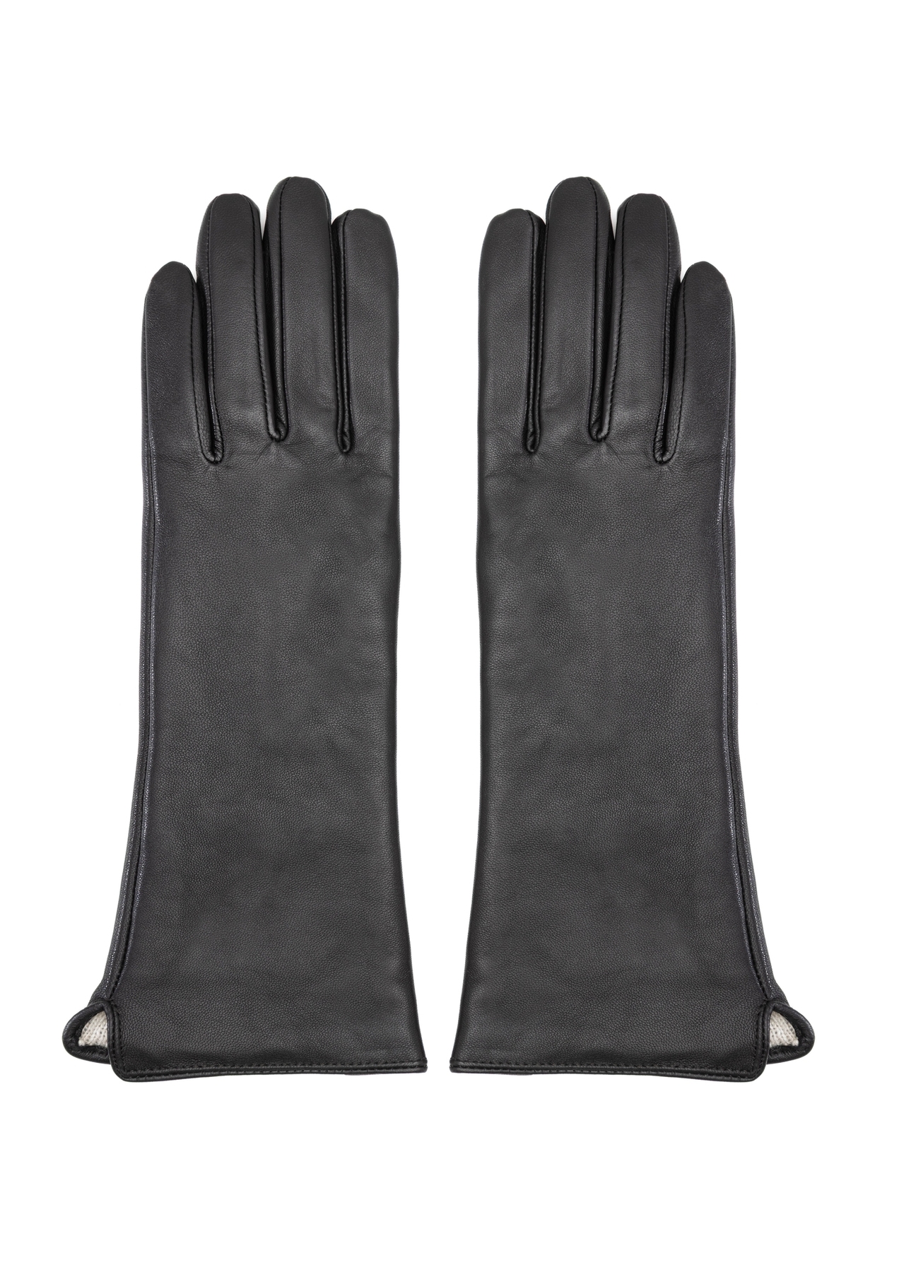 Long black leather women's gloves REKDS-0082A-99(Z25), product view from the front on a white background.