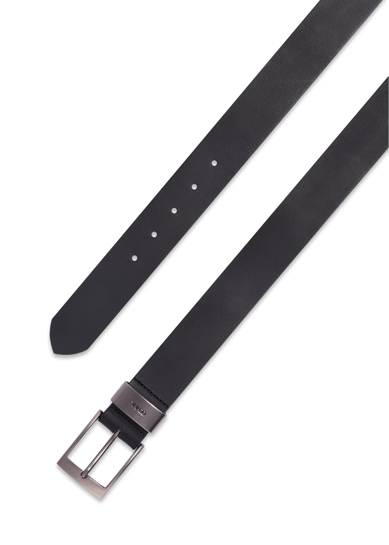 Men's smooth black leather belt PASMS-0163A-99(Z25), top view on a white background.