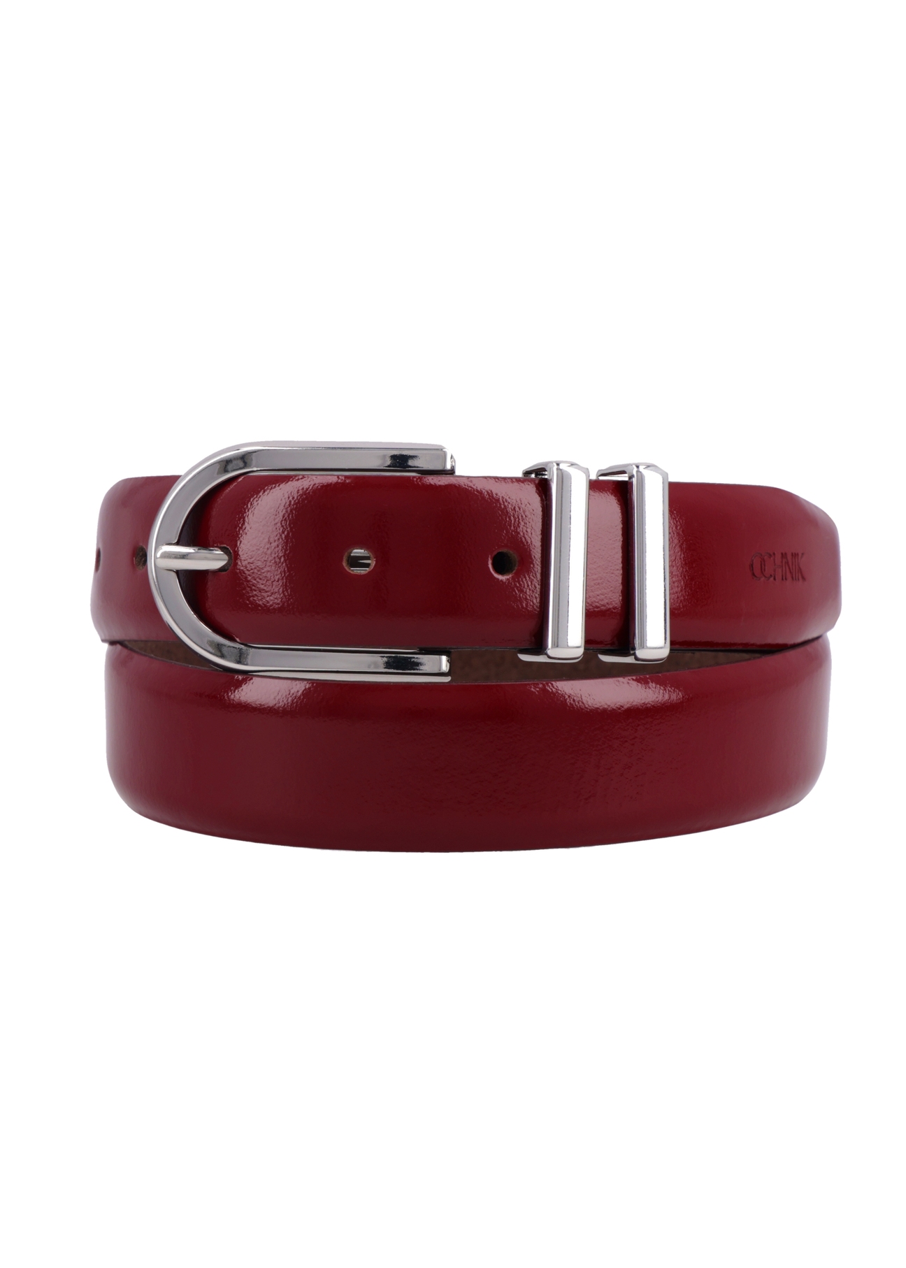 Red leather women's belt PASDS-0159-4C(Z26), front product view on white background.