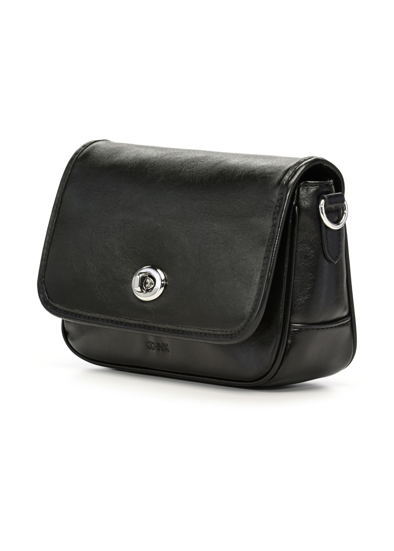 Small black women's handbag with gloss TOREC-1249-99(Z26), diagonal view of the product on a white background.