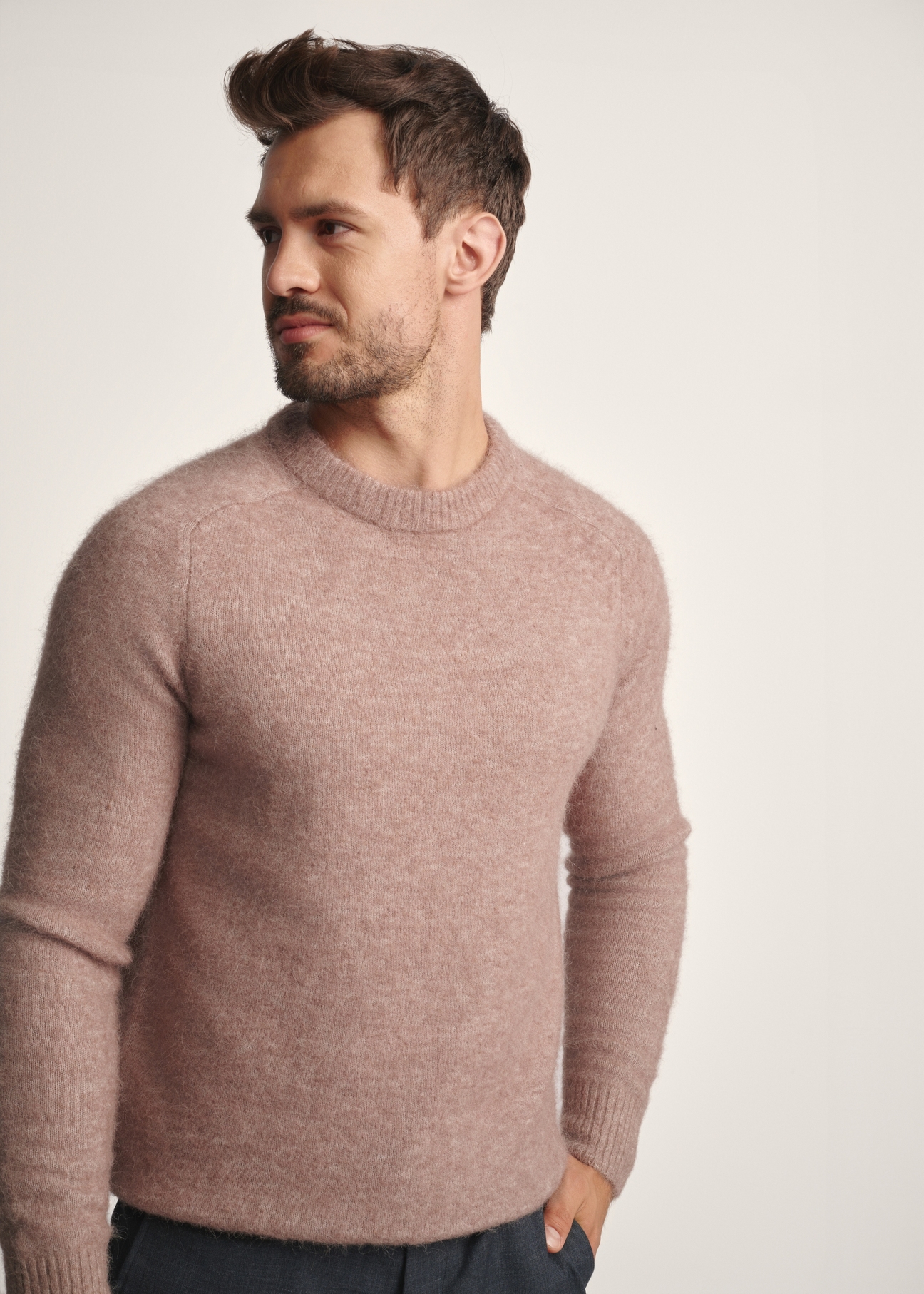 Men's camel wool sweater SWEMT-0171-24(Z25), close-up of the product on the model. Half of the silhouette visible.