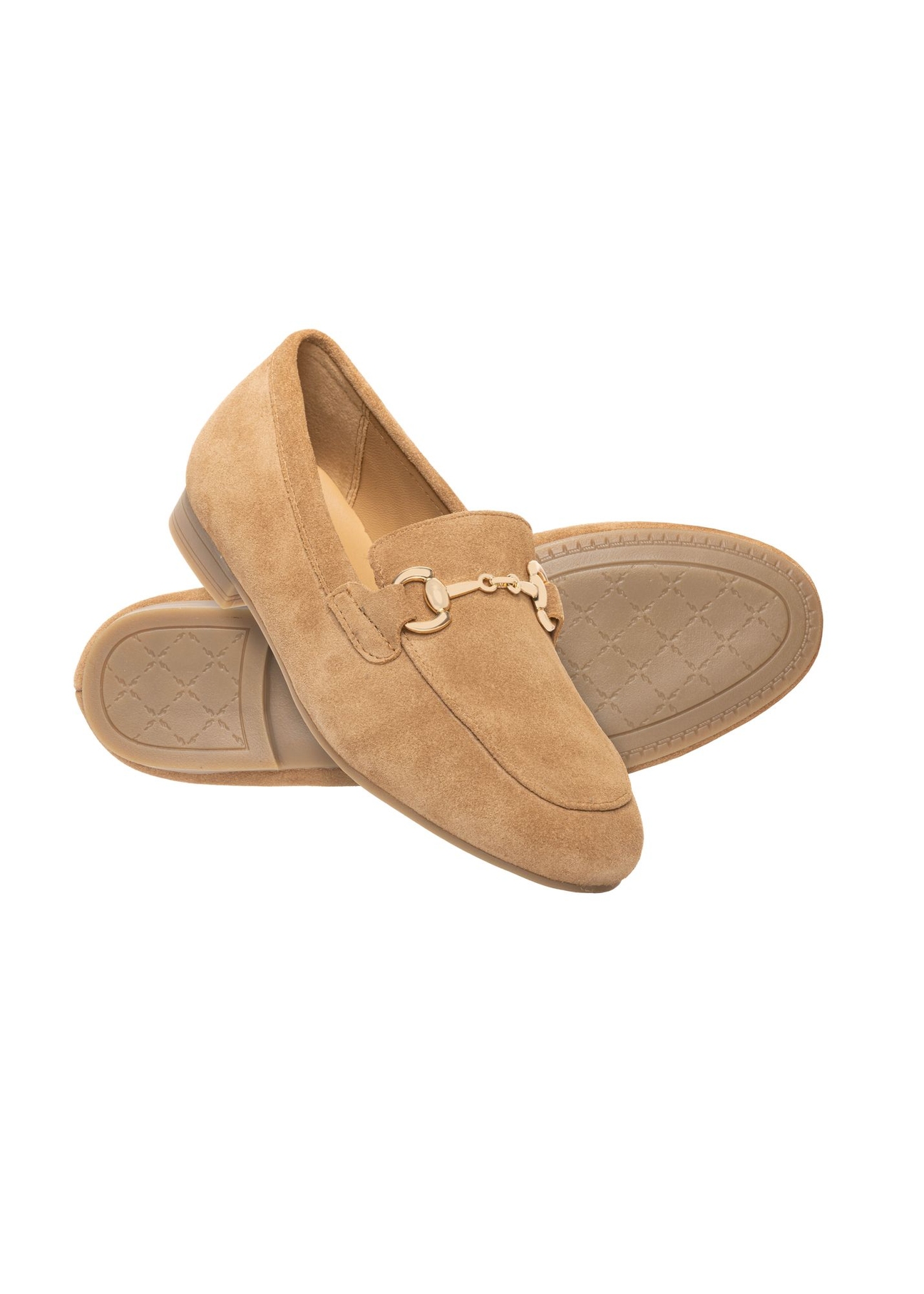 Beige suede women's moccasins BUTYD-1257-1B(W26) - product view slightly diagonal, on a white background.