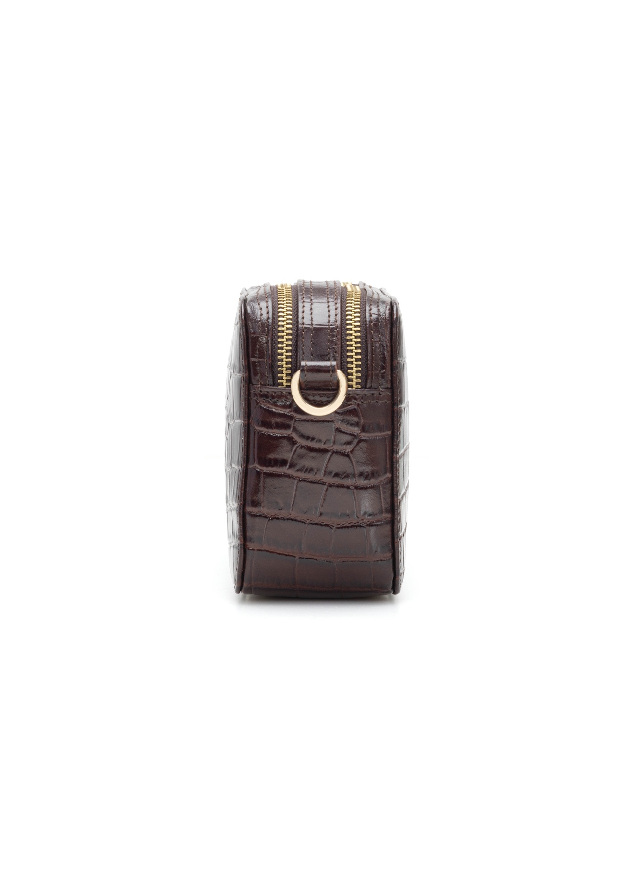 Small brown croco leather handbag TORES-1231-1H(W26), side product view on white background.