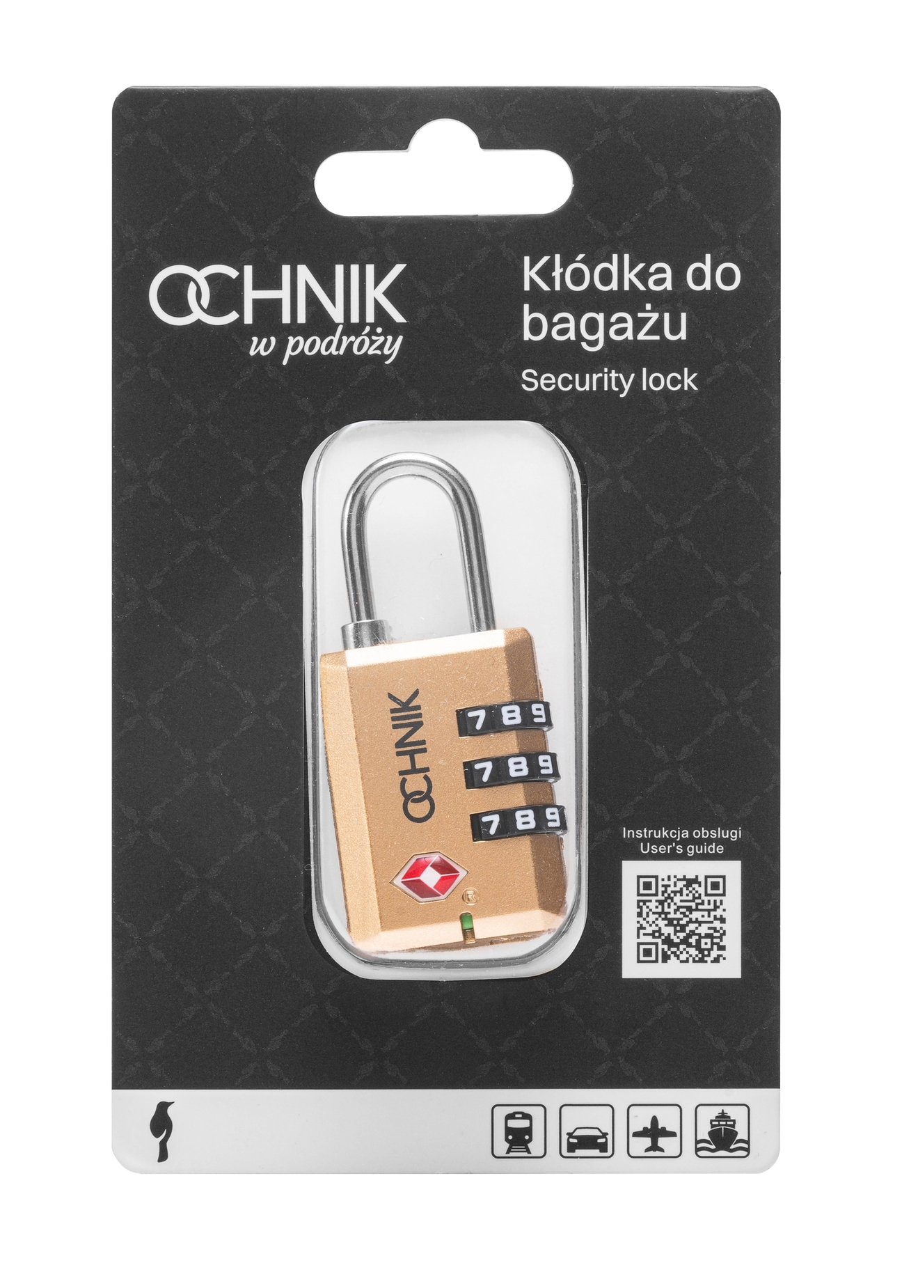 Gold TSA combination padlock AW-015-0002-28(W25), view of the product in the packaging on a white background.