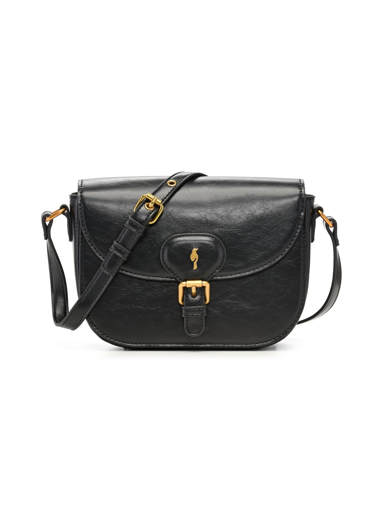 Small black women's messenger bag with decorative clasp TOREC-1243-9F(Z26) - front product view, on a white background.