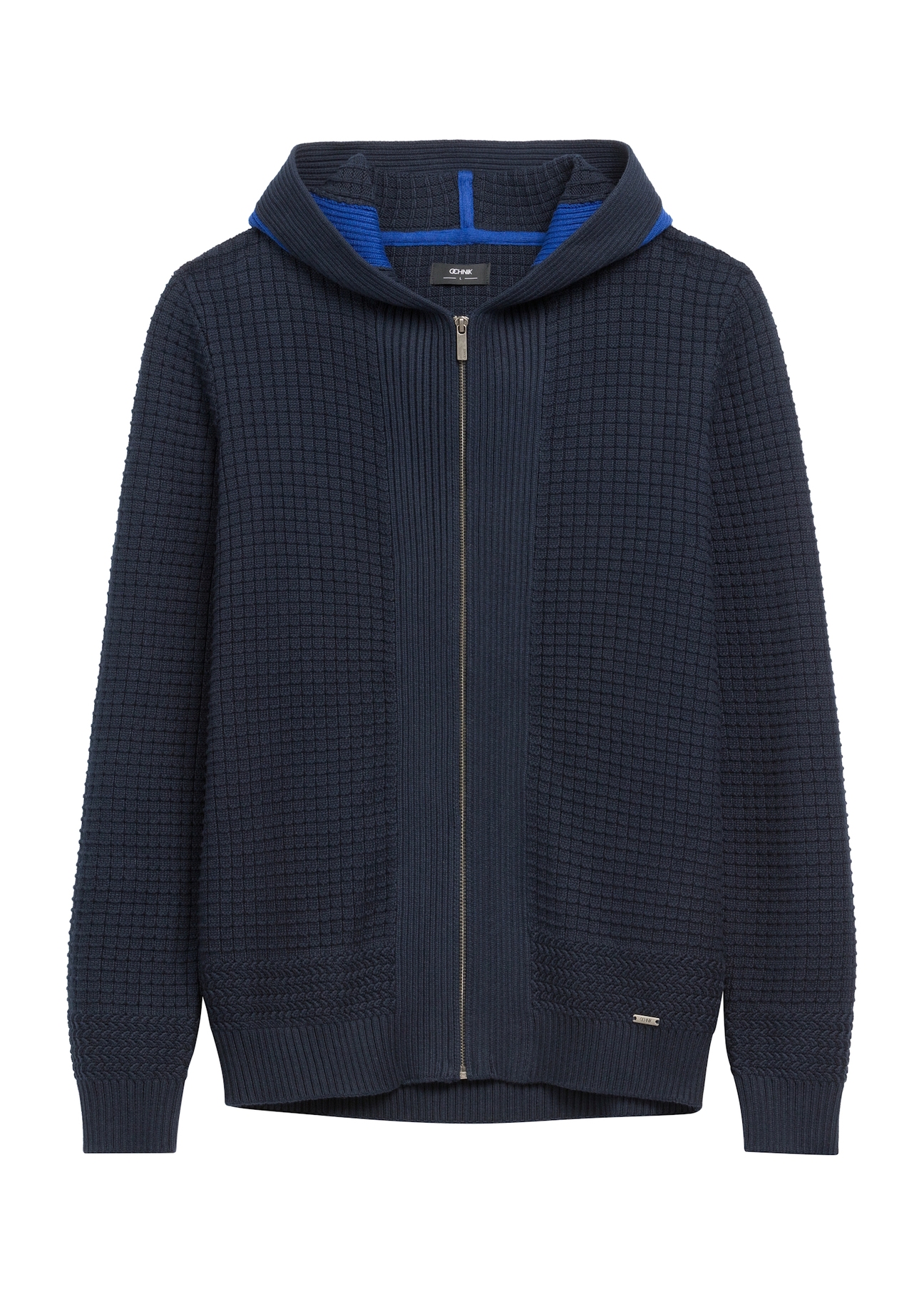 Navy blue men's hooded sweater SWEMT-0182-68(Z25), product view from the front on a white background.