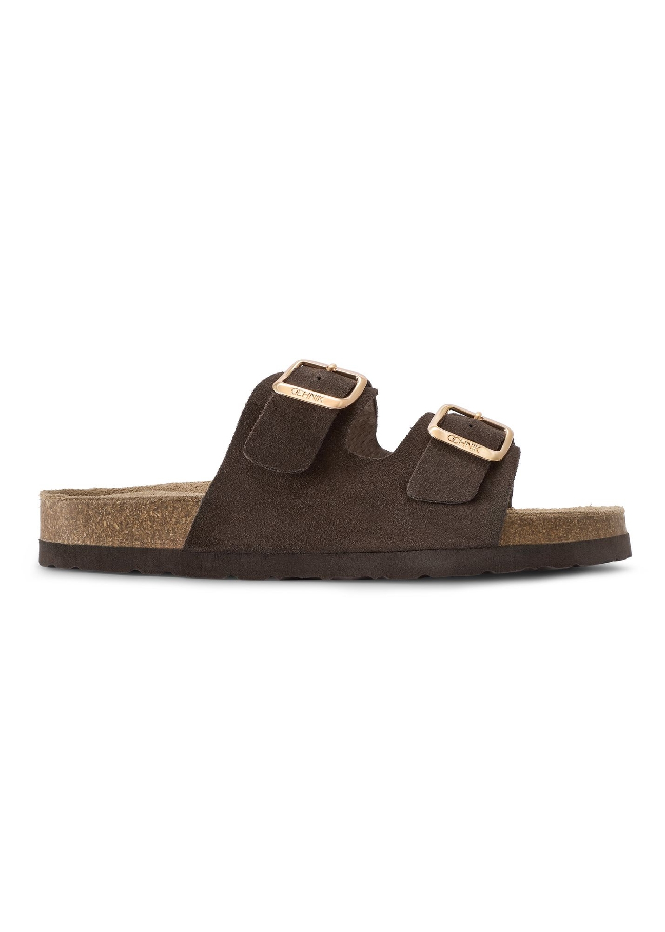 Women's dark brown leather flip-flops BUTYD-1158-1I(W26) - side view of the product, on a white background.