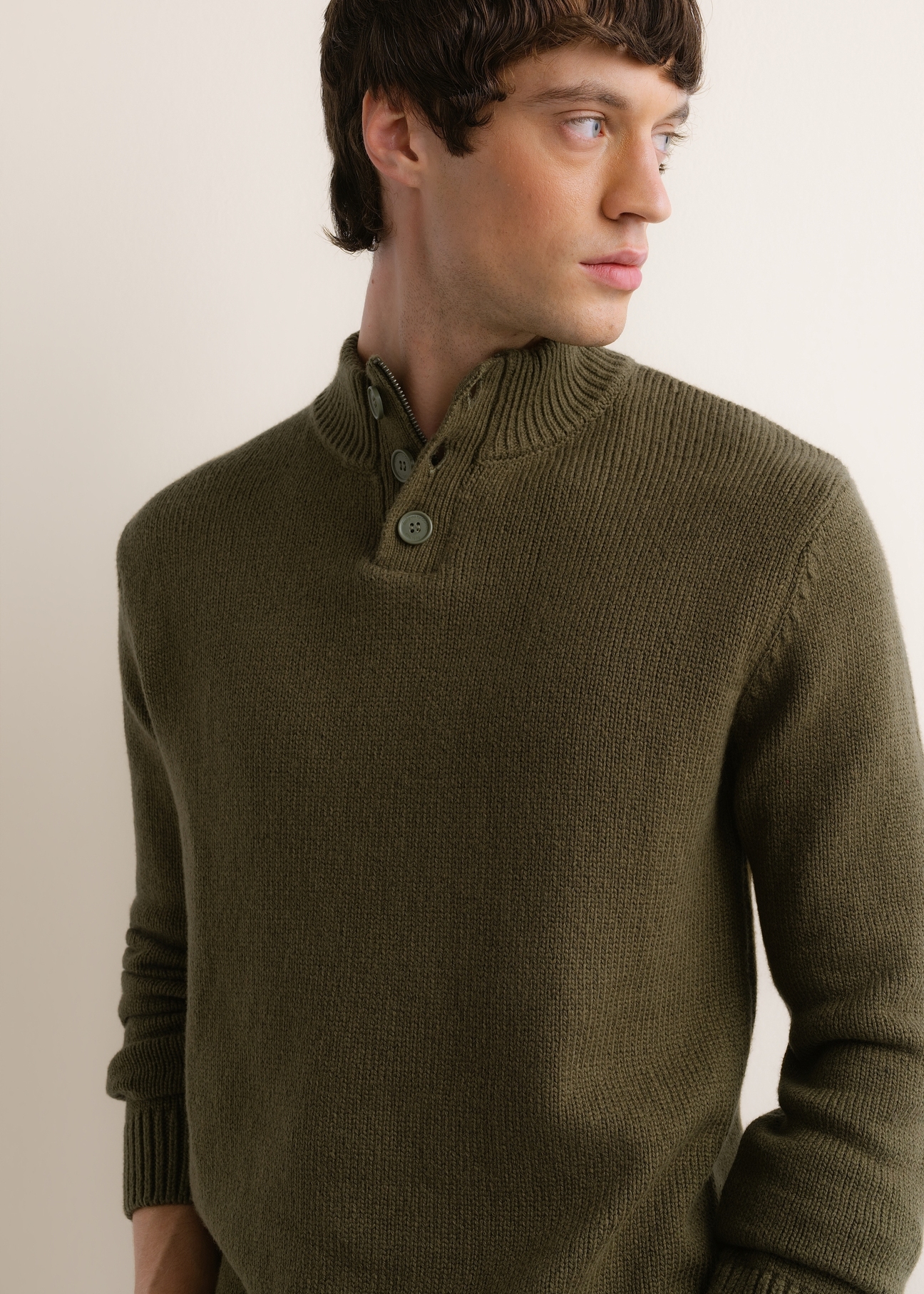 Green men's sweater with a stand-up collar SWEMT-0210-8B(Z26), front view of the product on the model. Half of the silhouette visible.