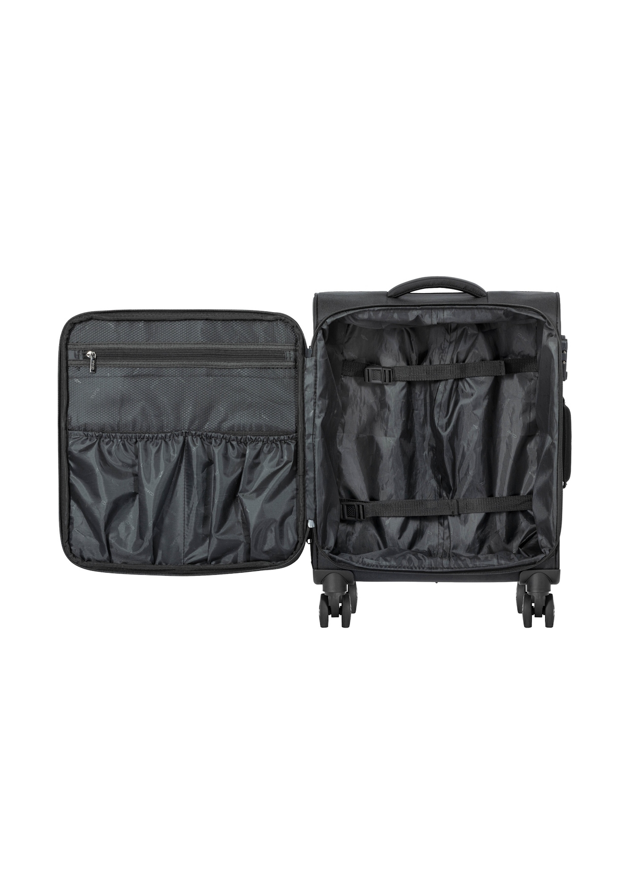 Small suitcase on wheels WALNY-0048-99-19(W26), product view inside on white background.