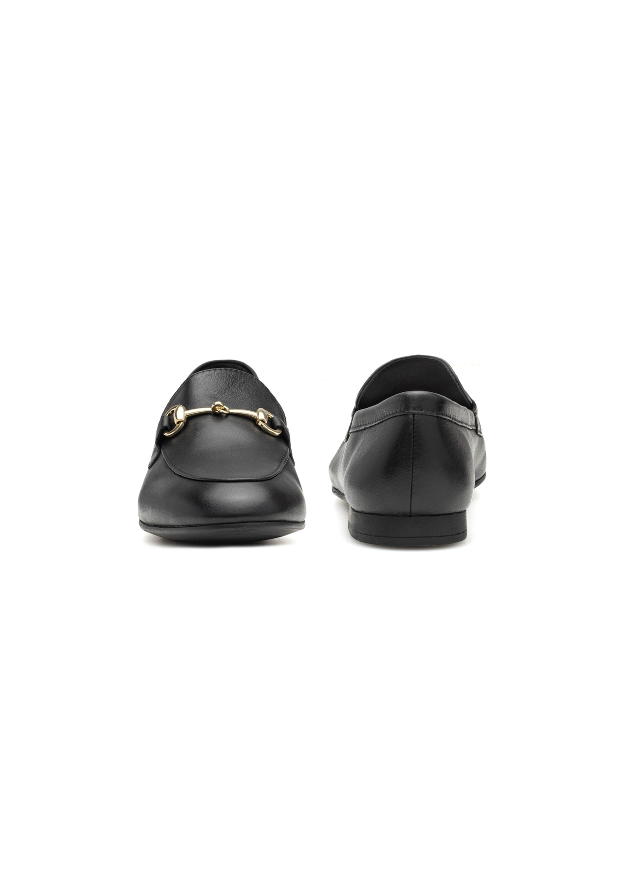 Women's leather black moccasins BUTYD-0916A-99(W26), front and back product view on white background.