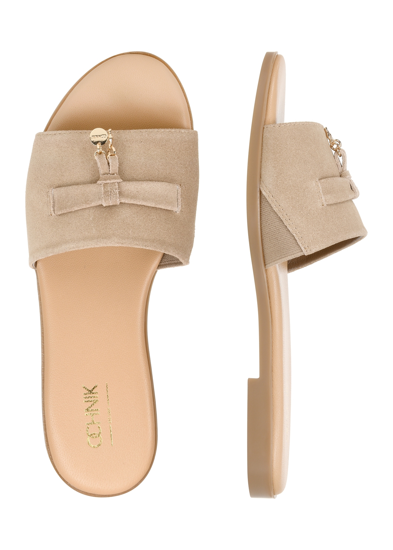 Women's suede flip-flops in cool beige color BUTYD-1255-1K(W26), product view from above on a white background.