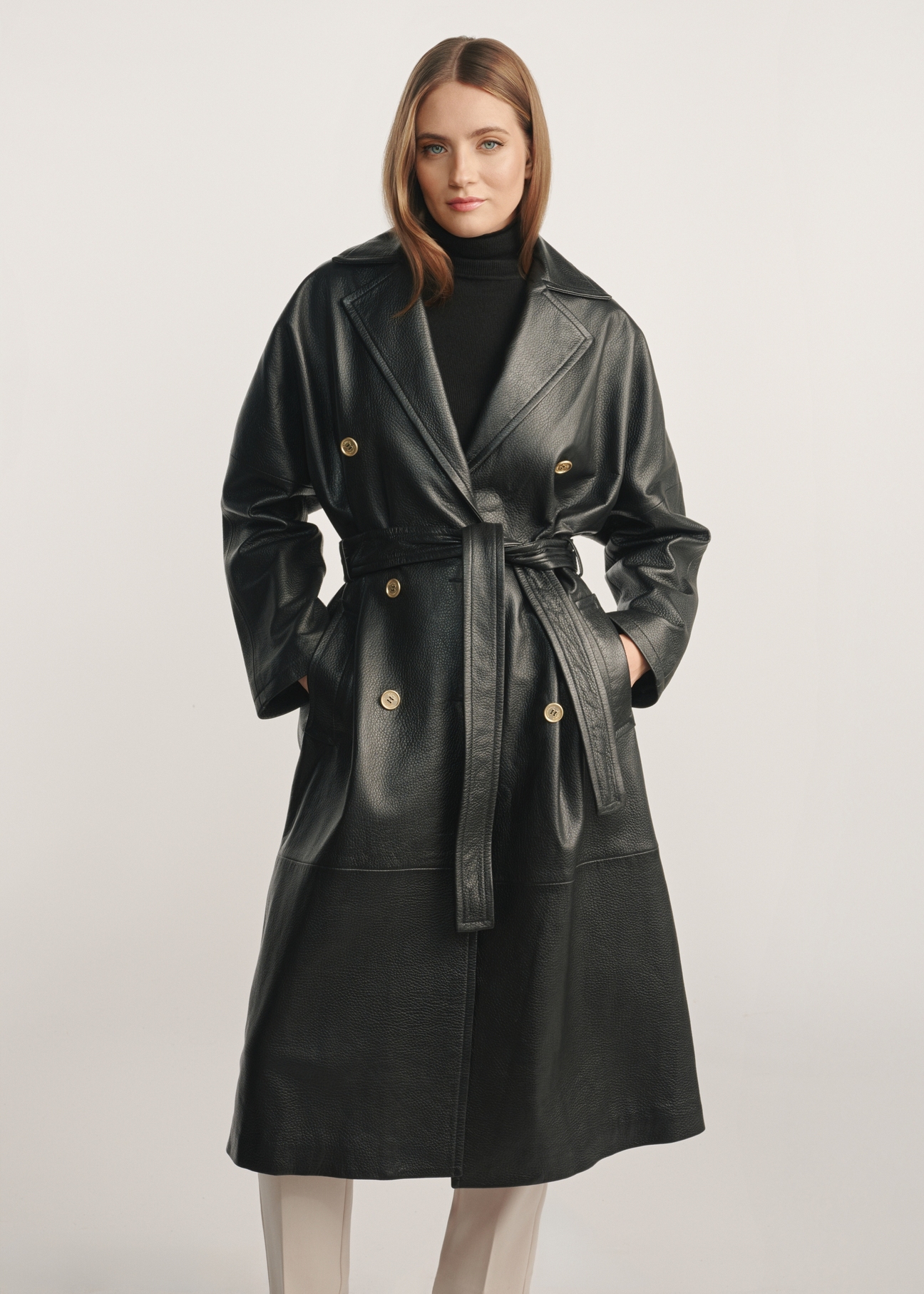 Women's black leather coat KURDS-0487-1192(Z25) - front view of the product on a model against a white background. Full body silhouette visible.