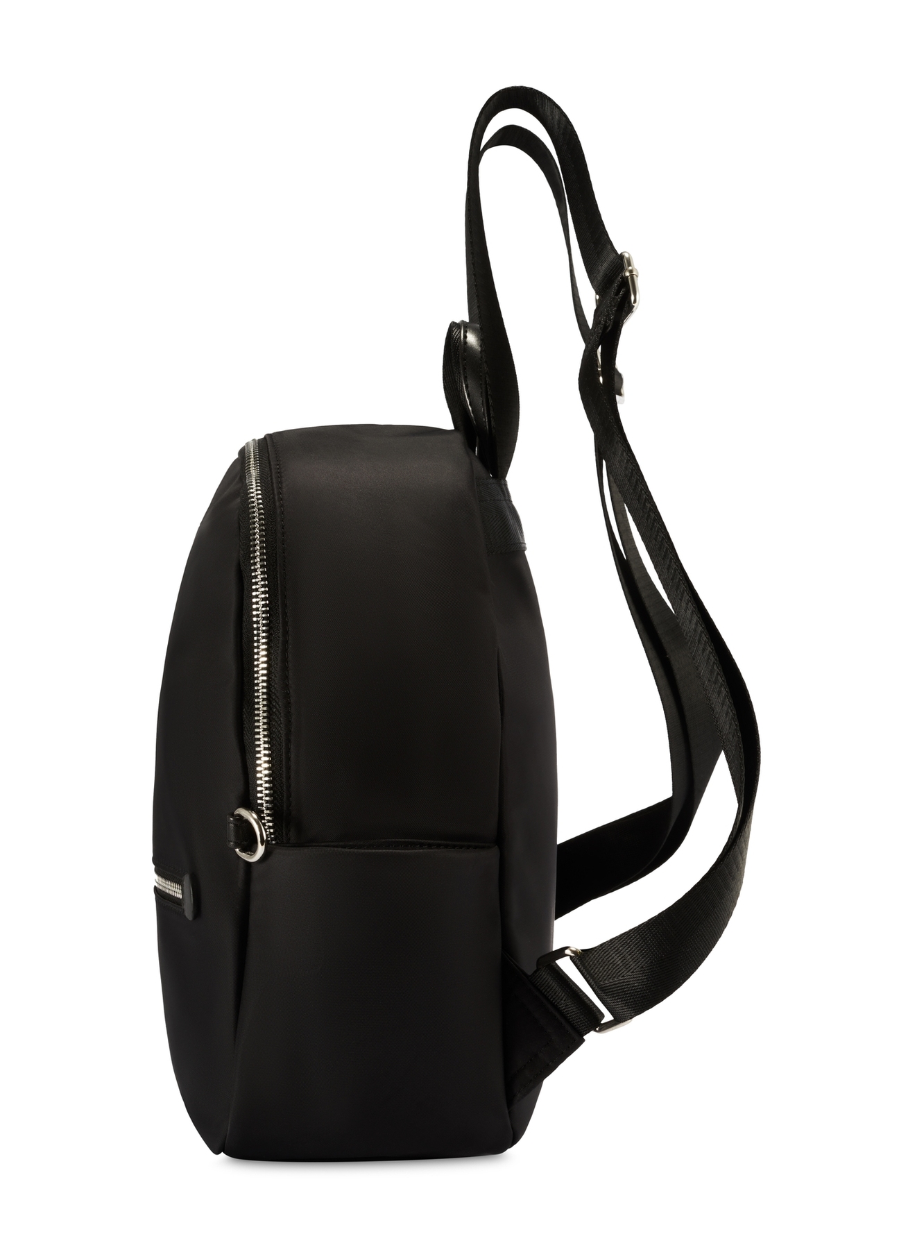 Black medium women's backpack with a waist bag TOREN-0327-99(Z25), side view of the product without the waist bag on a white background.