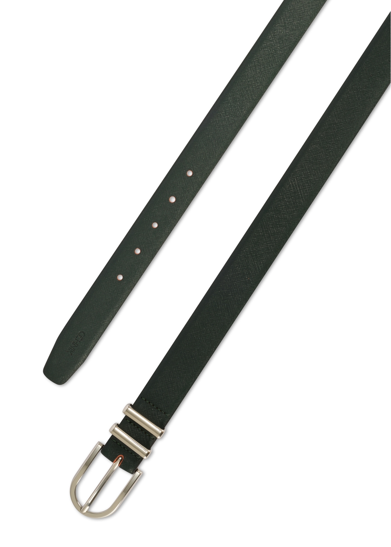 Green leather women's belt PASDS-0159D-54(Z25), view of the buckle of the product on a white background.