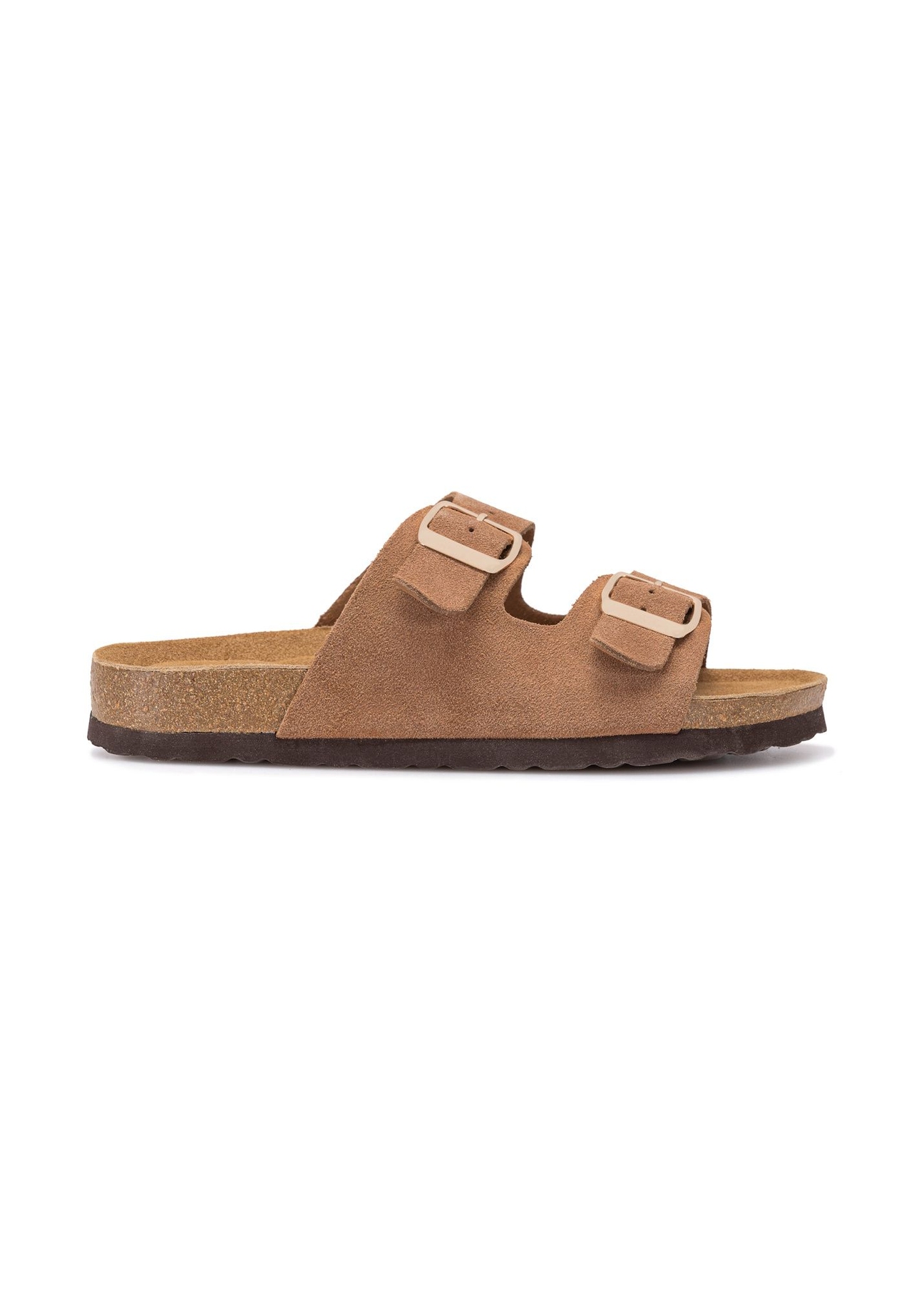 Women's leather camel flip-flops BUTYD-1158-1D(W26), side view of the product on a white background.