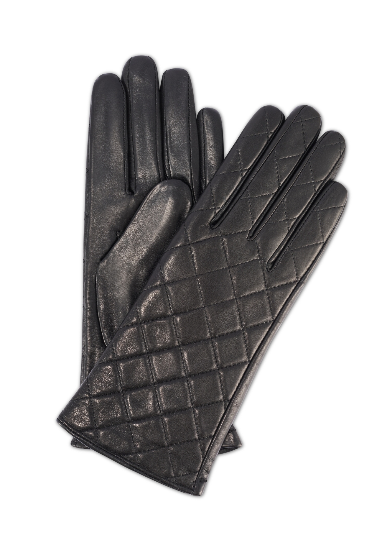 Women's black leather gloves REKDS-0079A-99(Z25), product view from the front and back on a white background.