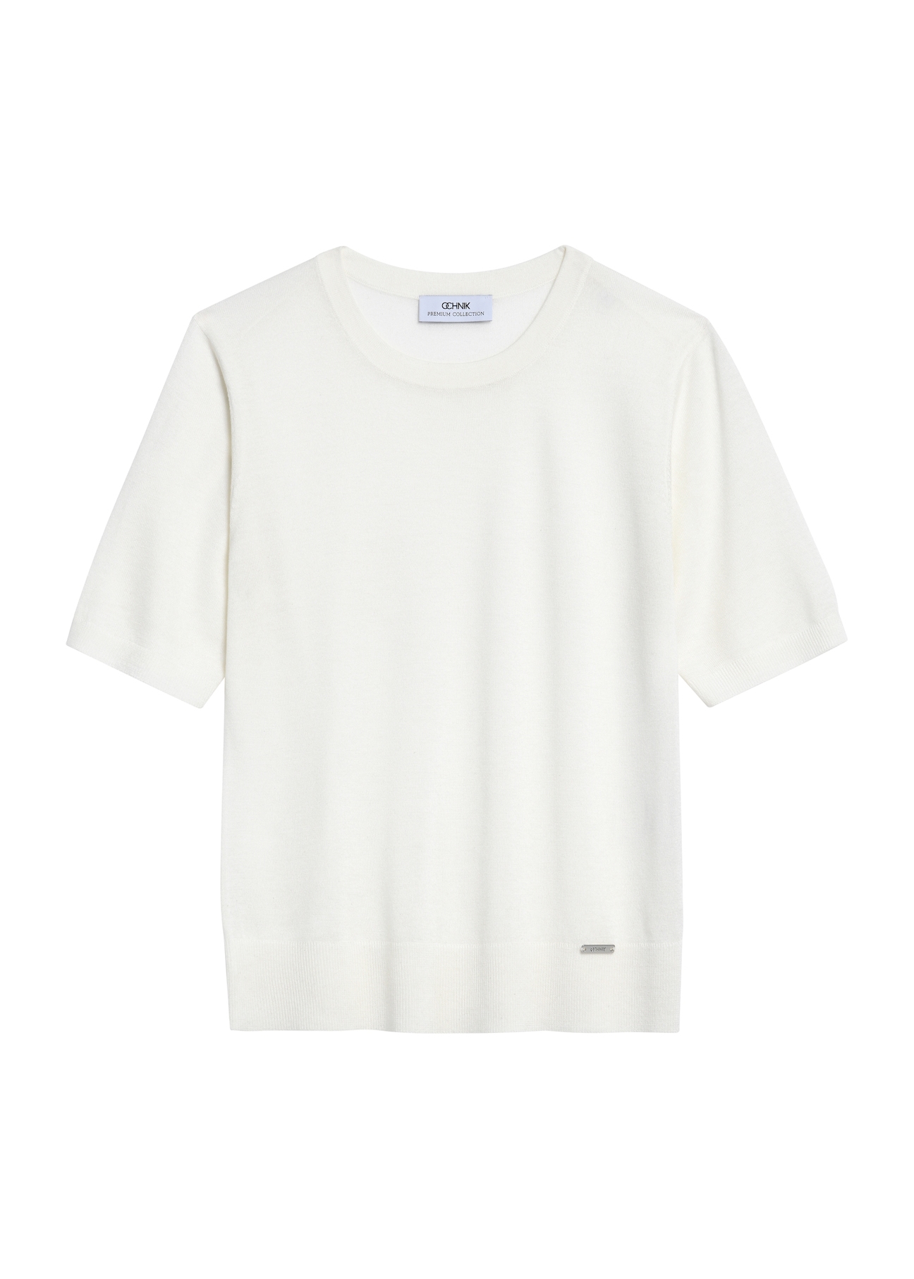 Cream women's blouse with short sleeves BLUDT-0196-12(Z25), product visible from the front on a white background.