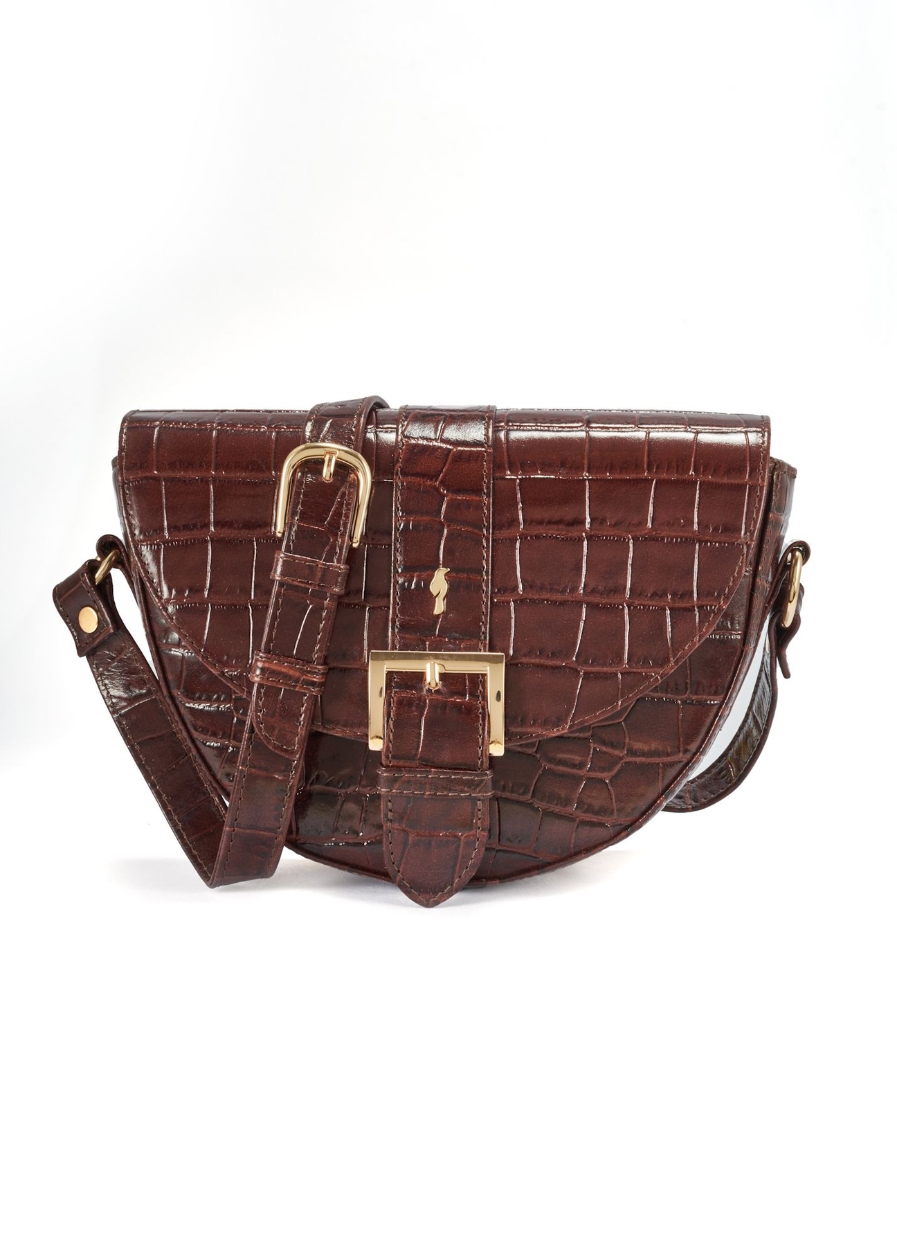 Brown croco leather handbag TORES-0707F-1H(W26), front product view on white background.