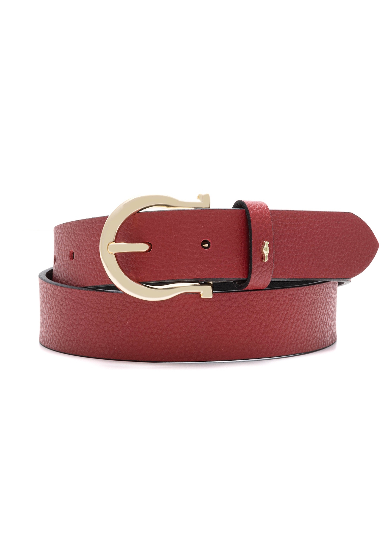 Red women's leather belt PASDS-0274B-49(Z25), front product view on white background.