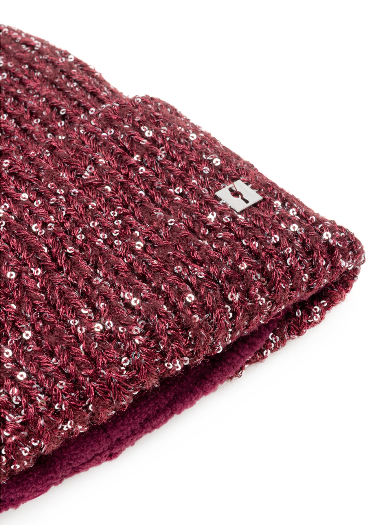 Burgundy women's hat with sequins CZADT-0211-49(Z25), close-up of the product detail on a white background.