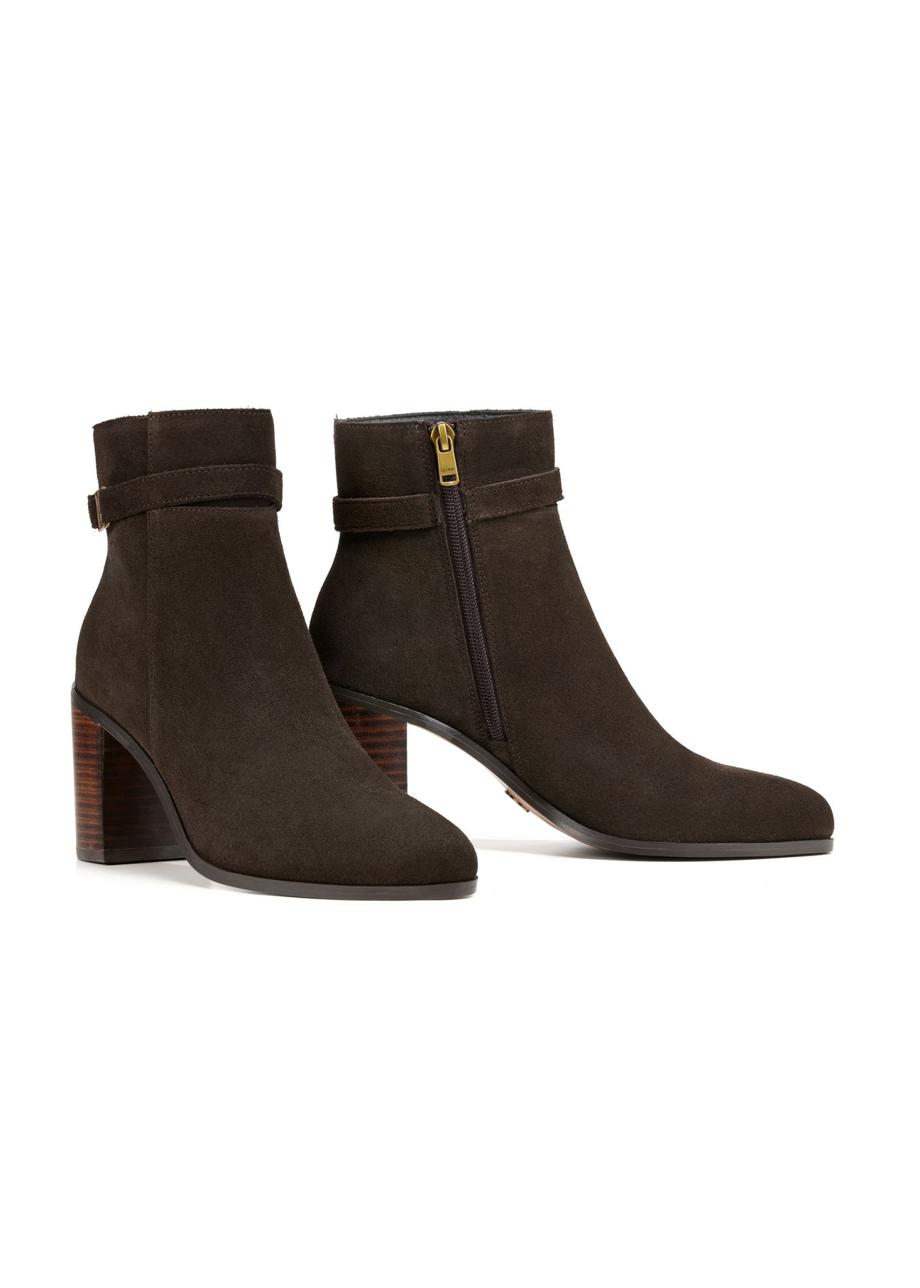 Brown suede women's ankle boots with BUTYD-1214-1I(Z26) logo, diagonal product view on white background.