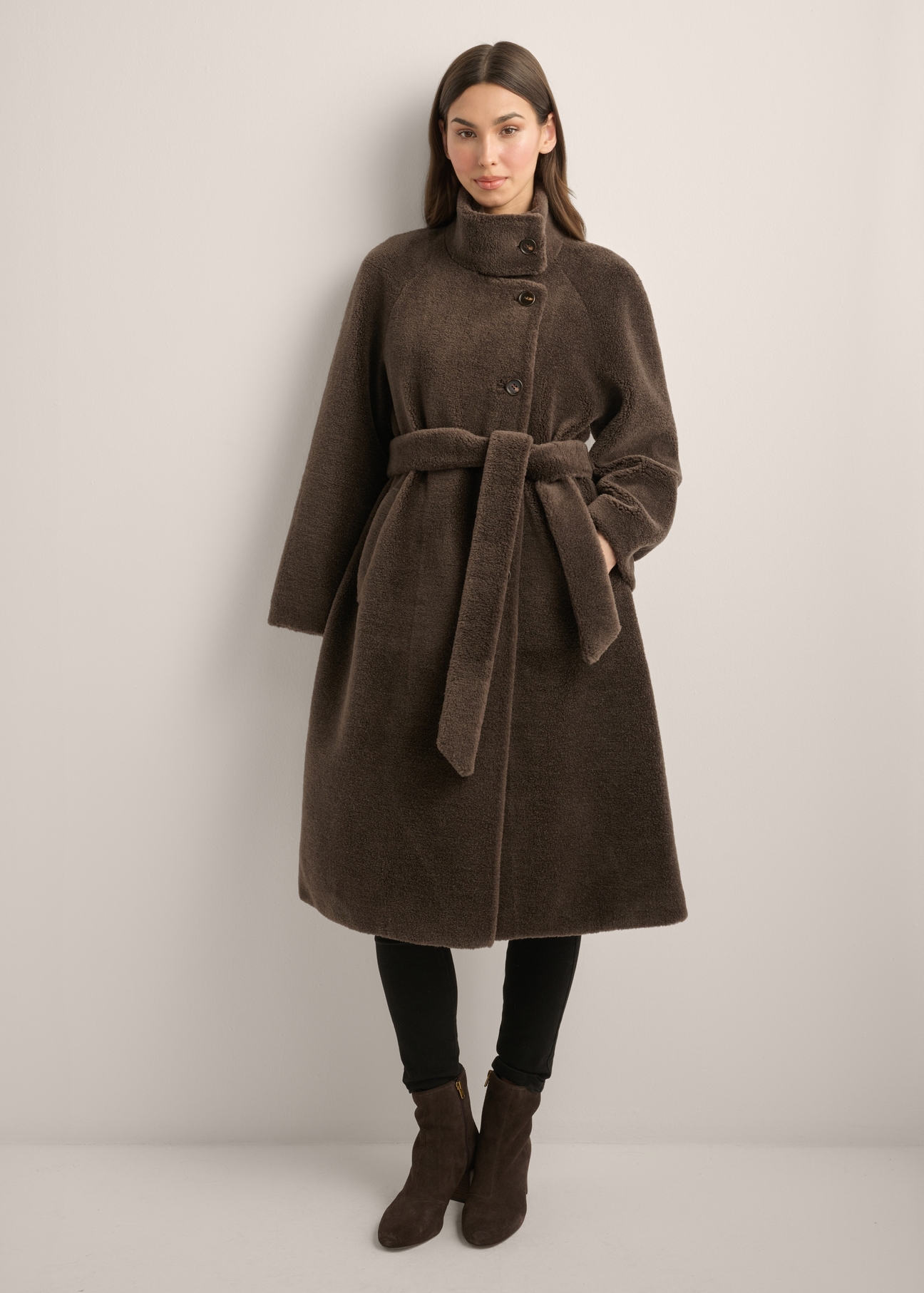 Women's brown wool fur coat FUTDW-0041-1I(Z26), front view of the product on the model. Full body visible.