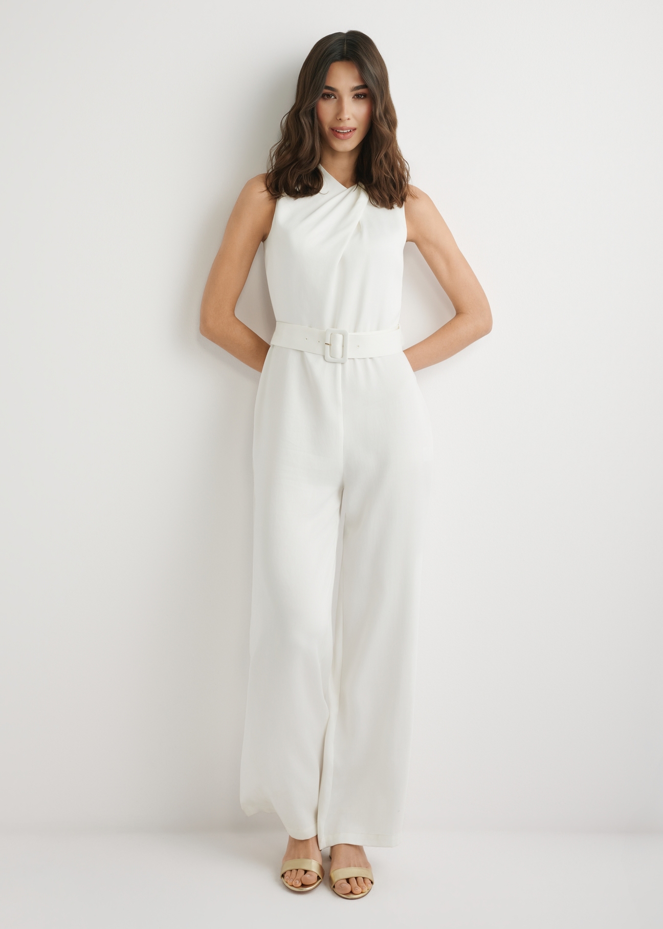 Cream women's jumpsuit KOBDT-0012-0B(W26), front view of the product on the model. Full body visible.