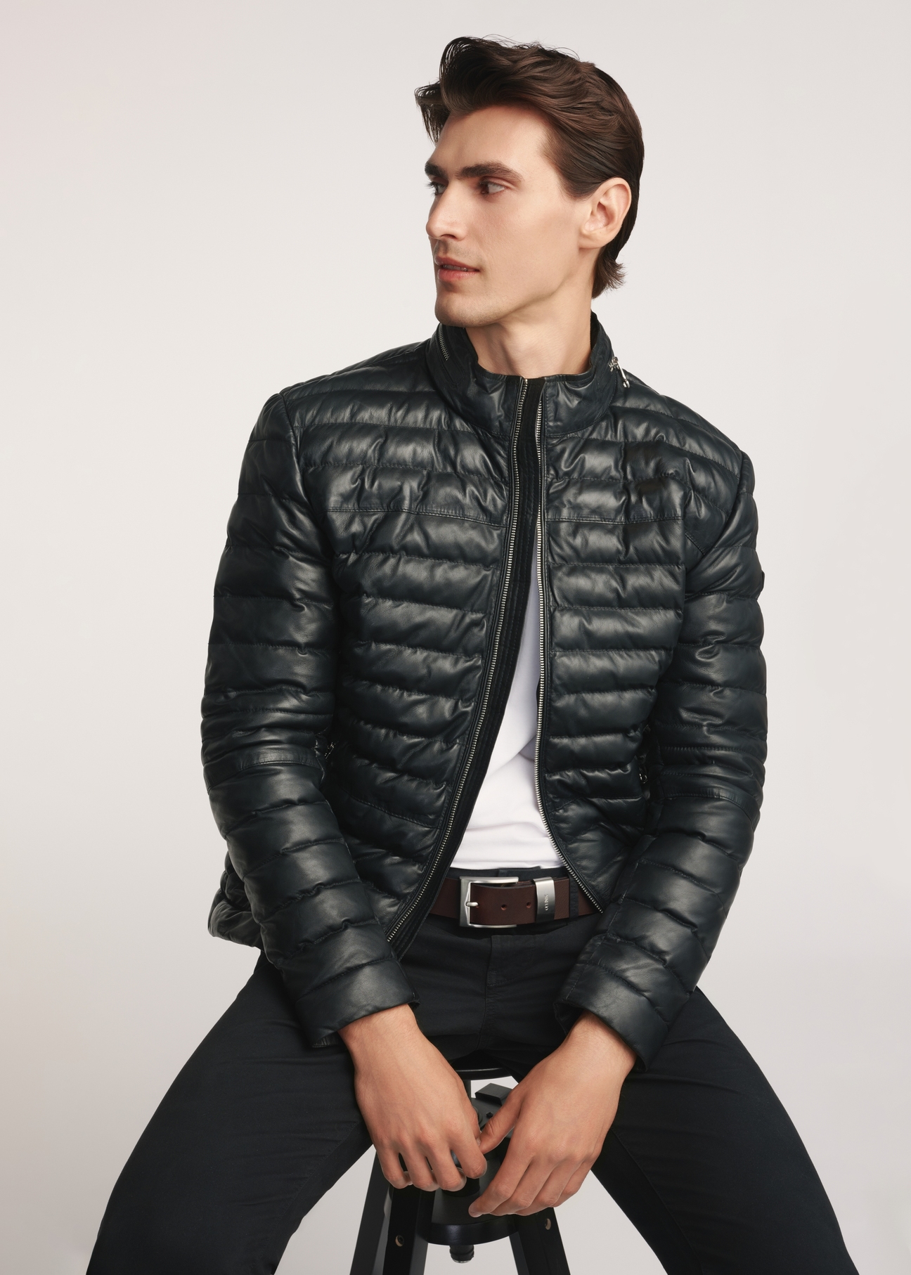 Black men's leather jacket insulated KURMS-0379-3358(Z25)