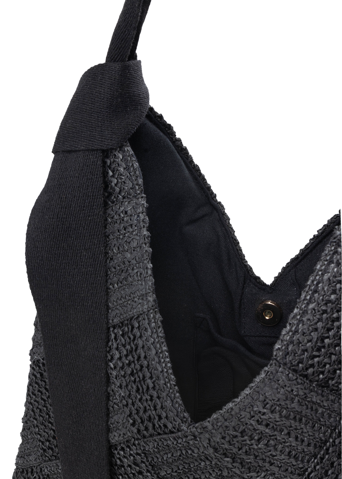 Black women's handbag made of natural fiber TOREC-1039-99(W26), close-up of the product on a white background.