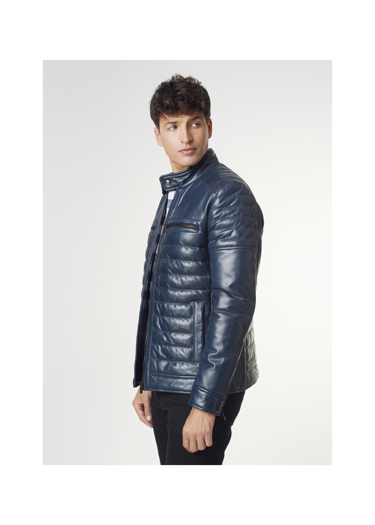 Men's navy blue glossy leather jacket KURMS-0195-4517(Z21)-03